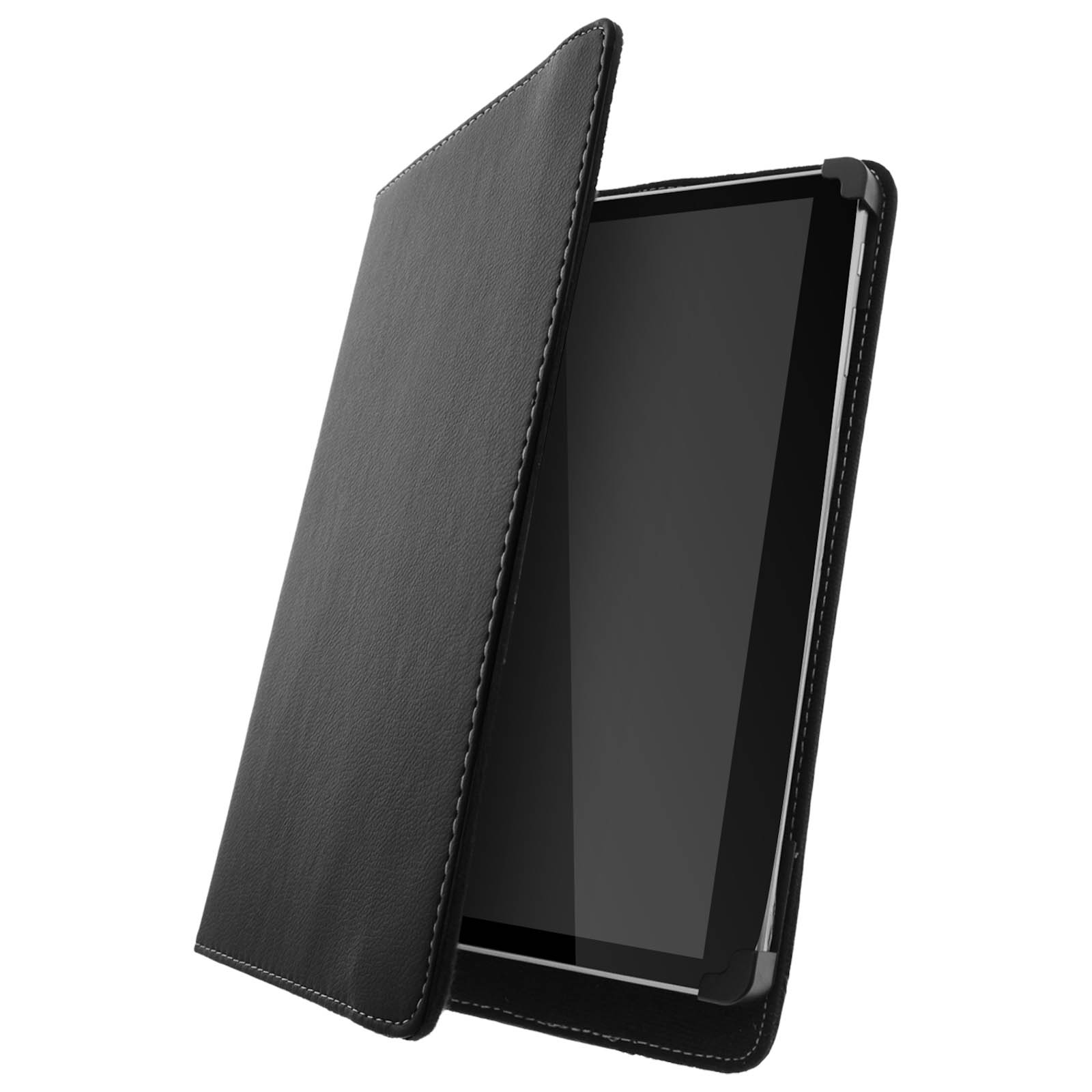 Tablet nero in una custodia in pelle nera, aperto e angolato, contro uno sfondo bianco.