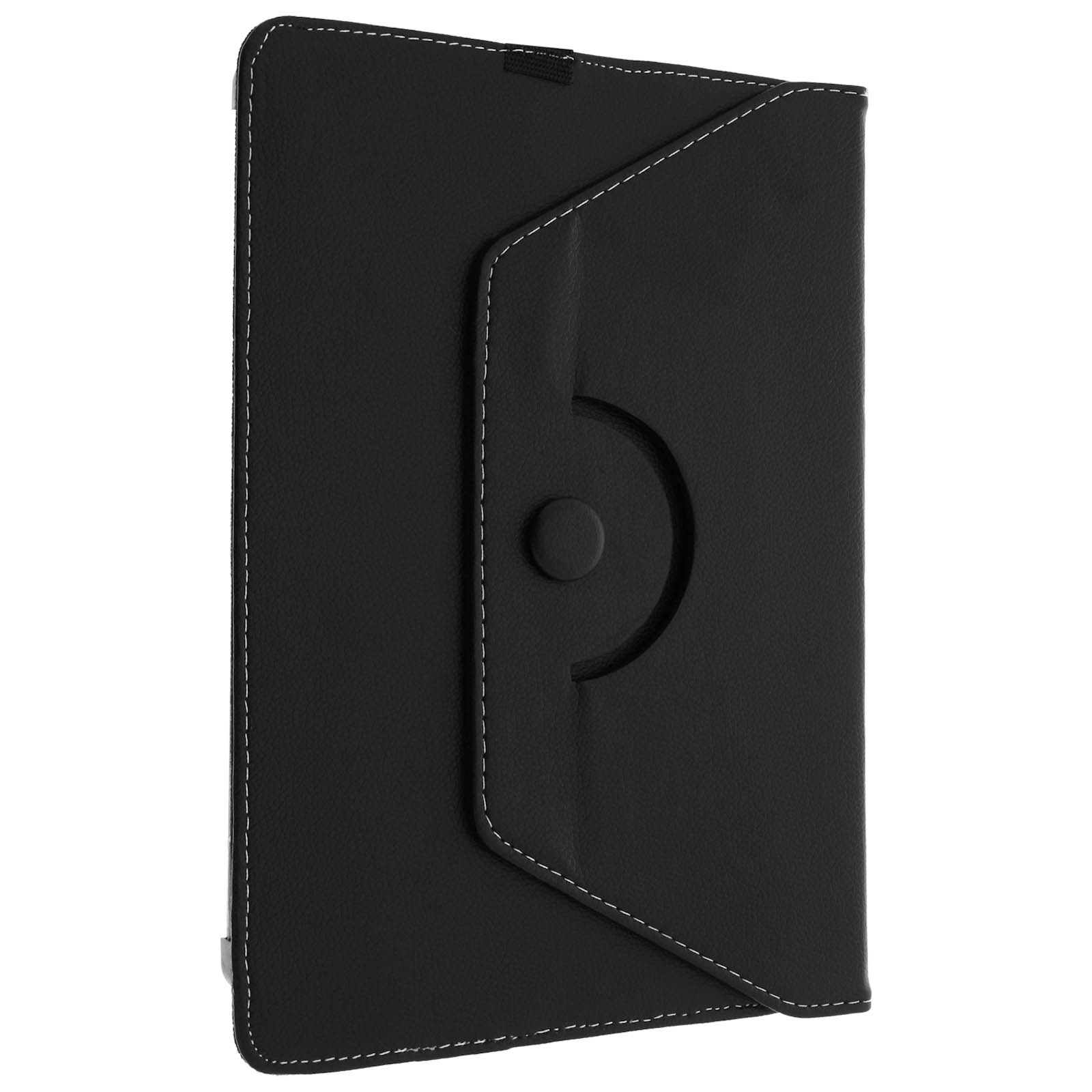 Una custodia per tablet nera chiusa con cuciture bianche e una chiusura a bottone sulla parte anteriore.