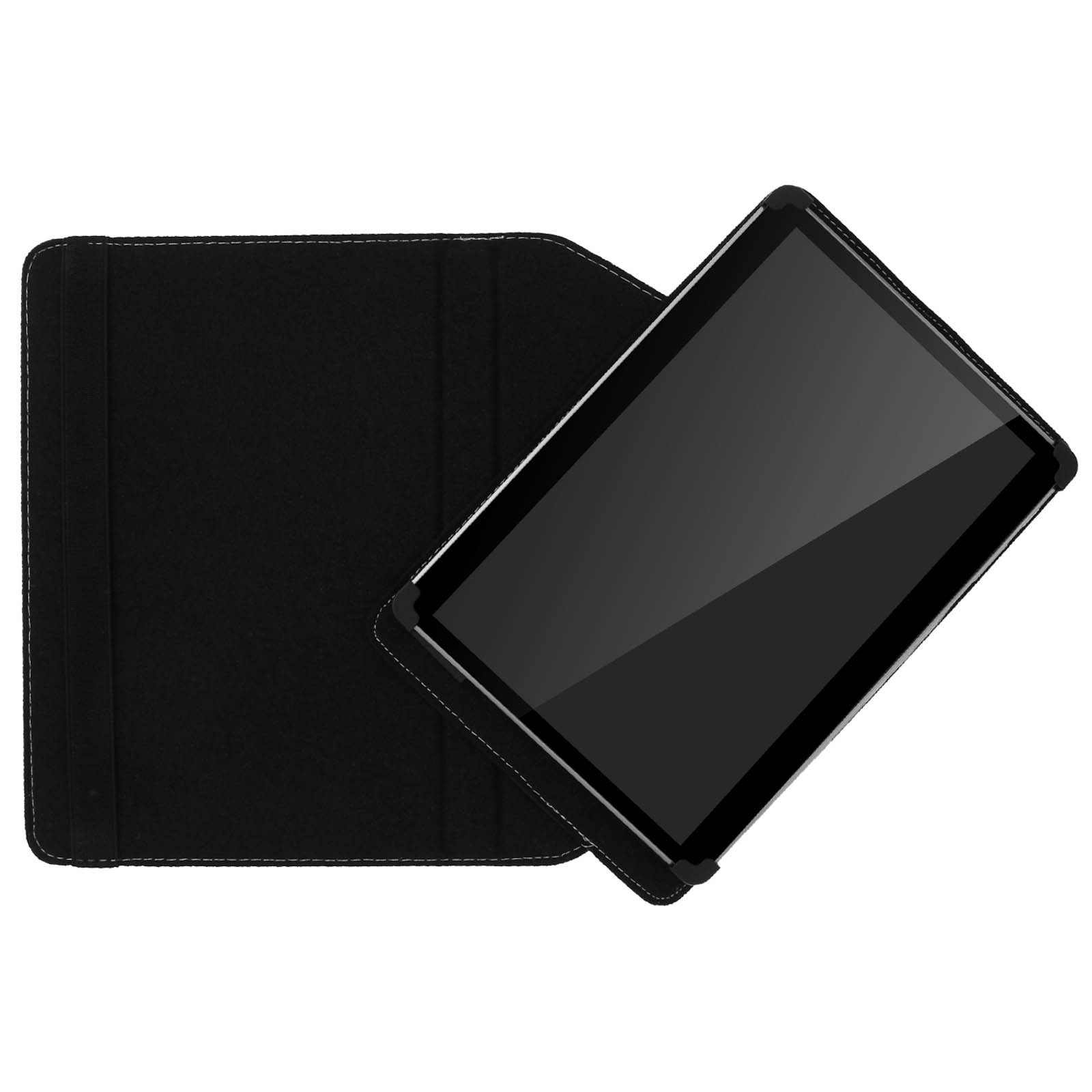 Custodia nera per tablet con il tablet ad angolo. La custodia è aperta e mostra lo schermo.