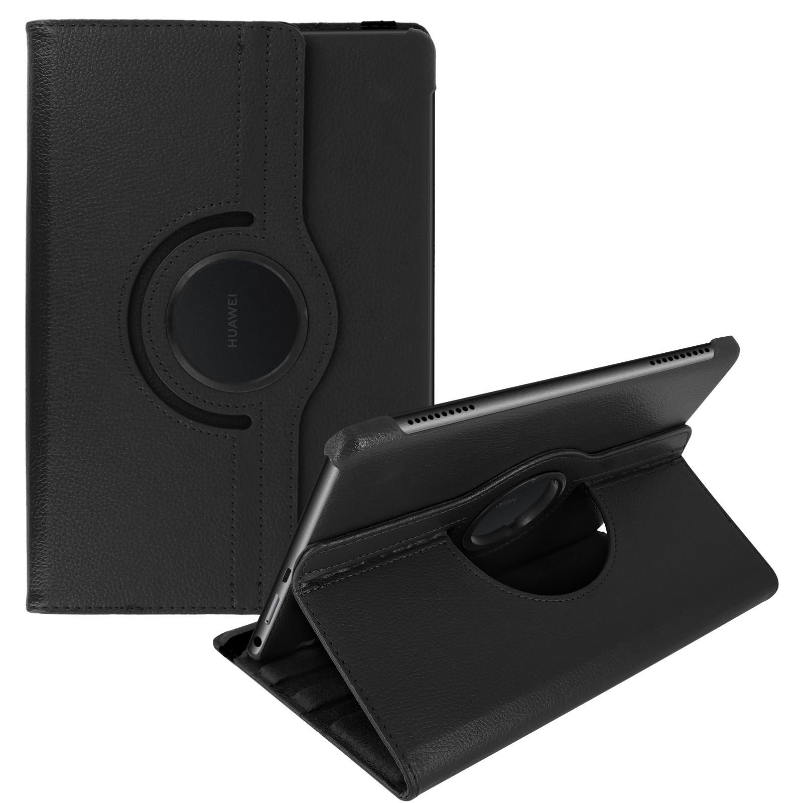 Custodia nera per tablet. Il tablet è nella custodia, un altro è in piedi.