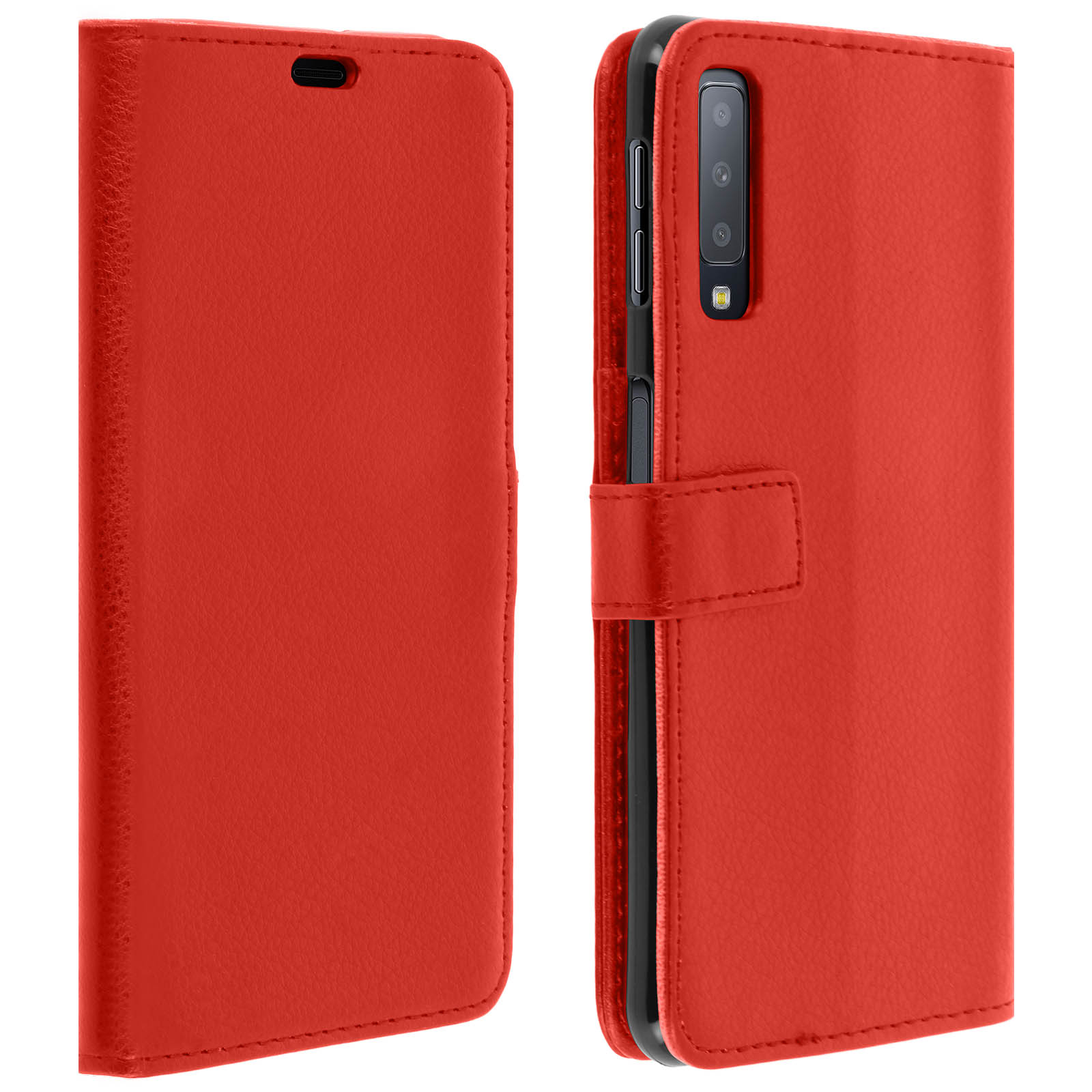 Custodia per telefono rossa, chiusa e aperta, che mostra un telefono. Sfondo bianco.
