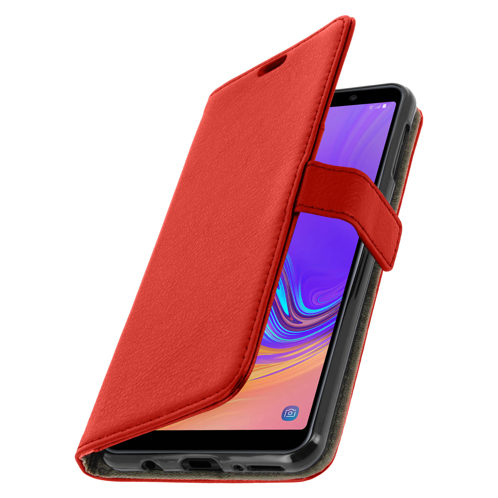 Una custodia rossa per telefono, aperta. Un telefono con schermo è visibile all'interno.