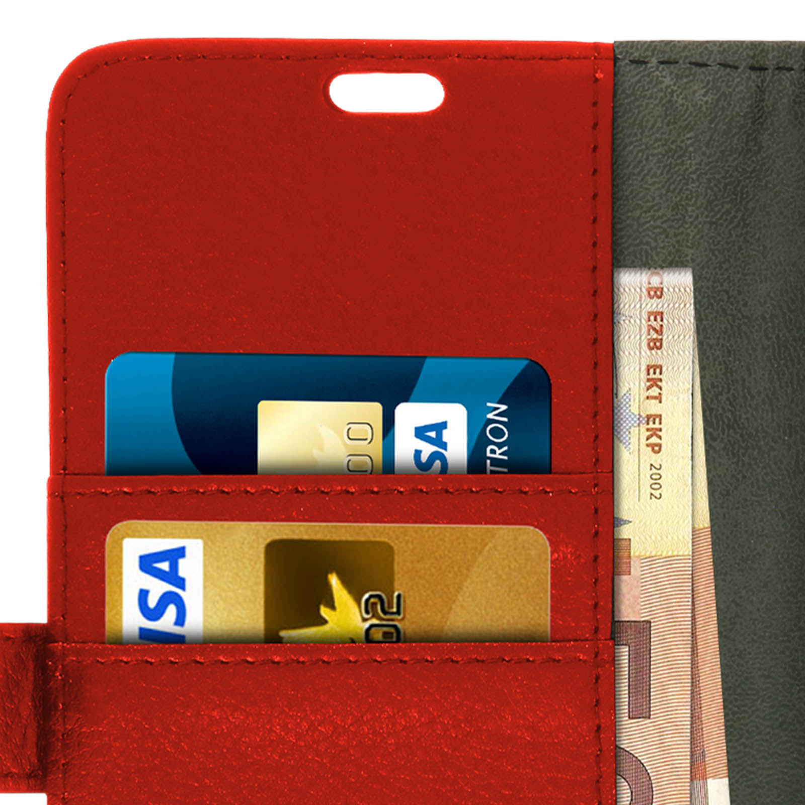 Custodia rossa per telefono con fessure per carte e denaro. Mostra una carta e una banconota.