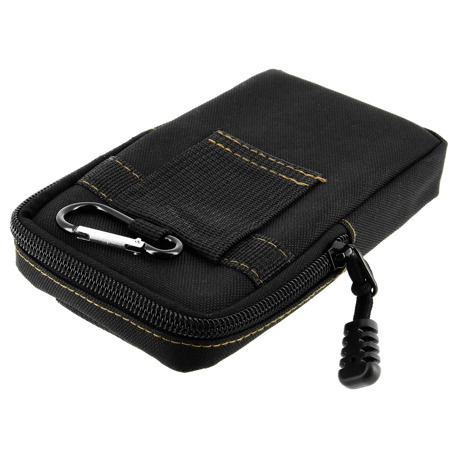 Custodia per telefono in nylon nero con cerniera, clip in metallo e passante. Lo sfondo è bianco.