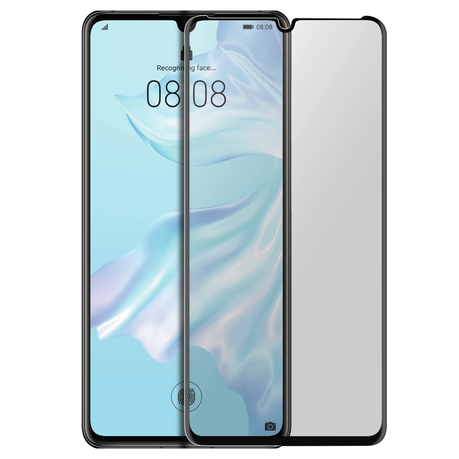 Uno smartphone con protezione schermo, che mostra l'ora e un'icona dell'impronta digitale. Sfondo bianco.