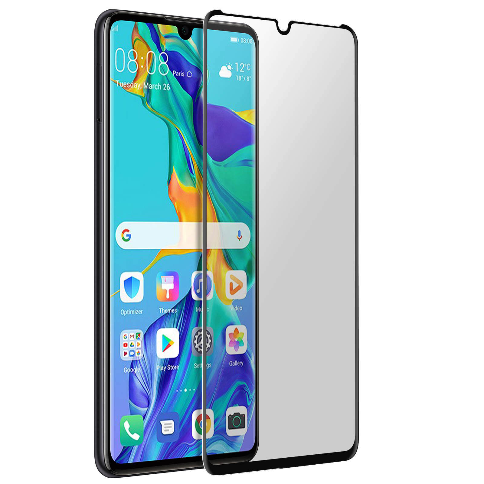 Uno smartphone con una protezione per lo schermo. Il telefono mostra l'ora e le icone.