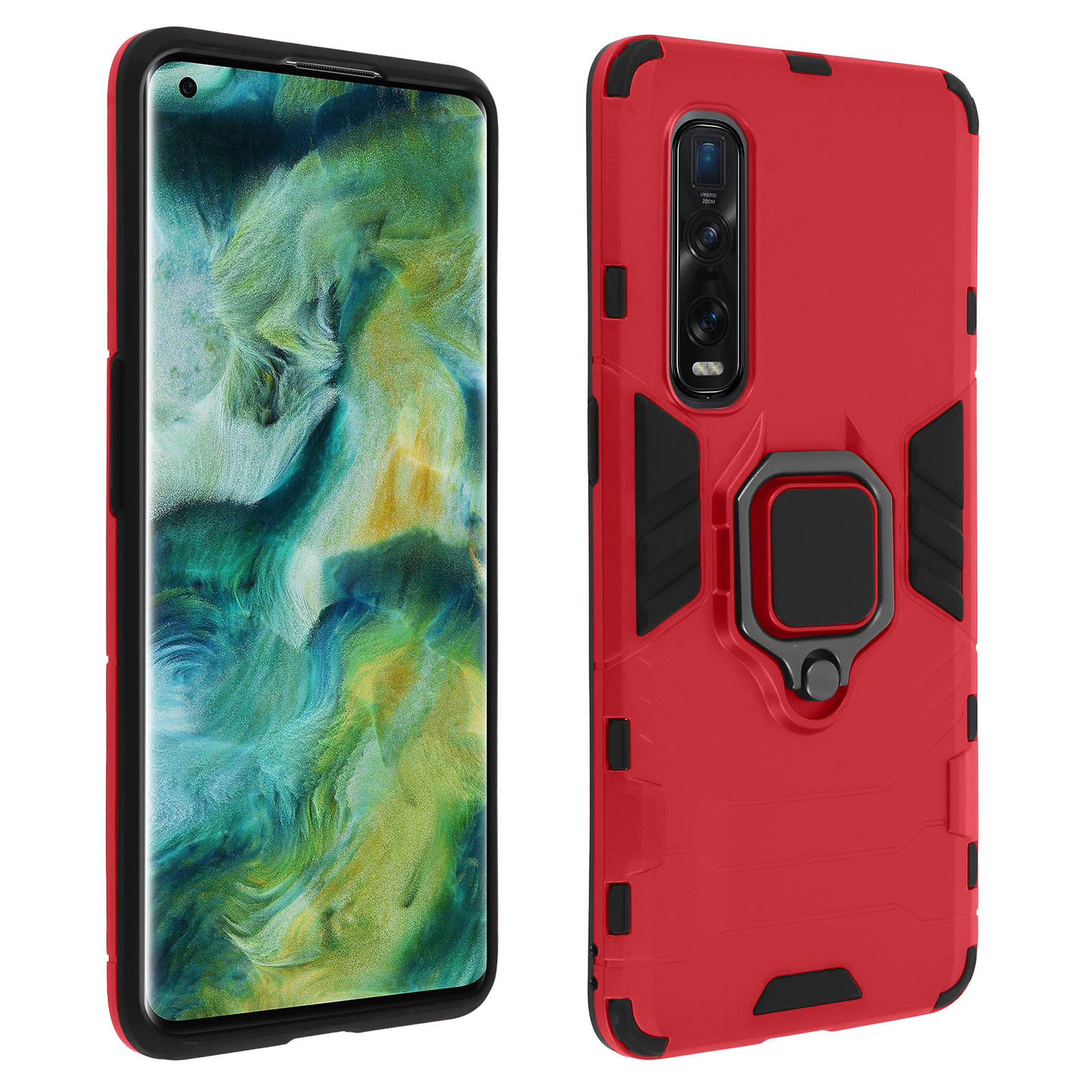 Due smartphone, uno con schermo, l'altro con una custodia protettiva rossa e un anello.