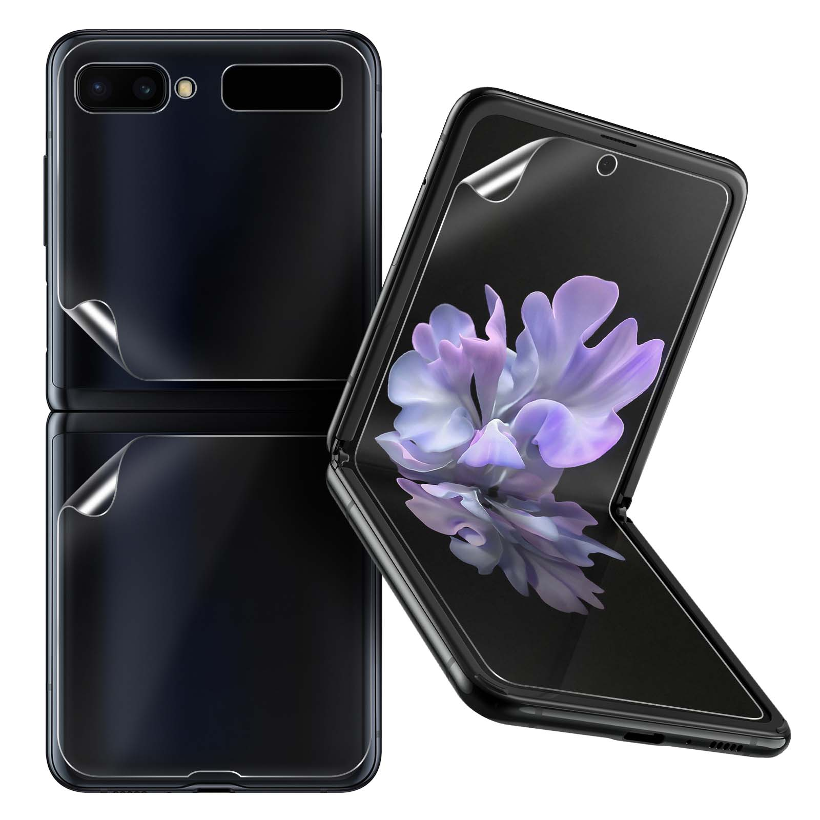 Uno smartphone pieghevole nero, parzialmente aperto, che mostra una grafica floreale viola. Pellicola protettiva parzialmente staccata.