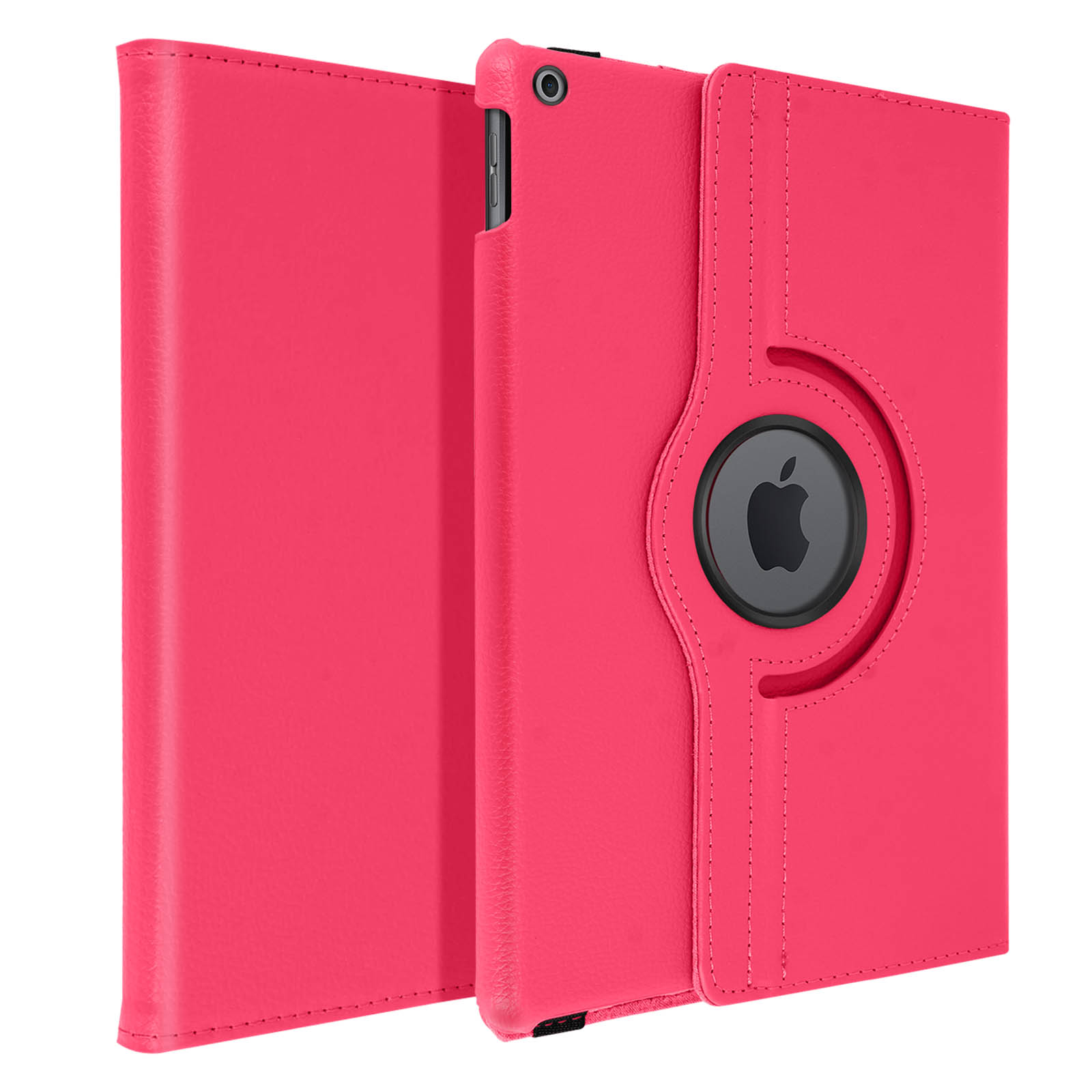 Custodia per tablet rosa. La custodia è aperta, mostrando lo schermo del tablet. Logo Apple visibile.