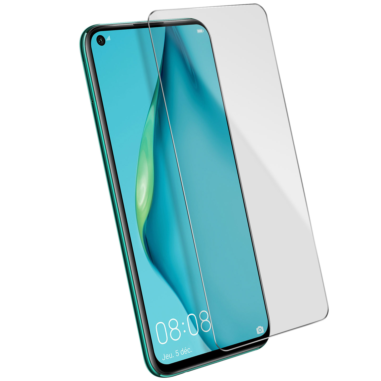 Un telefono con protezione schermo. Il telefono è verde acqua, la protezione è trasparente.