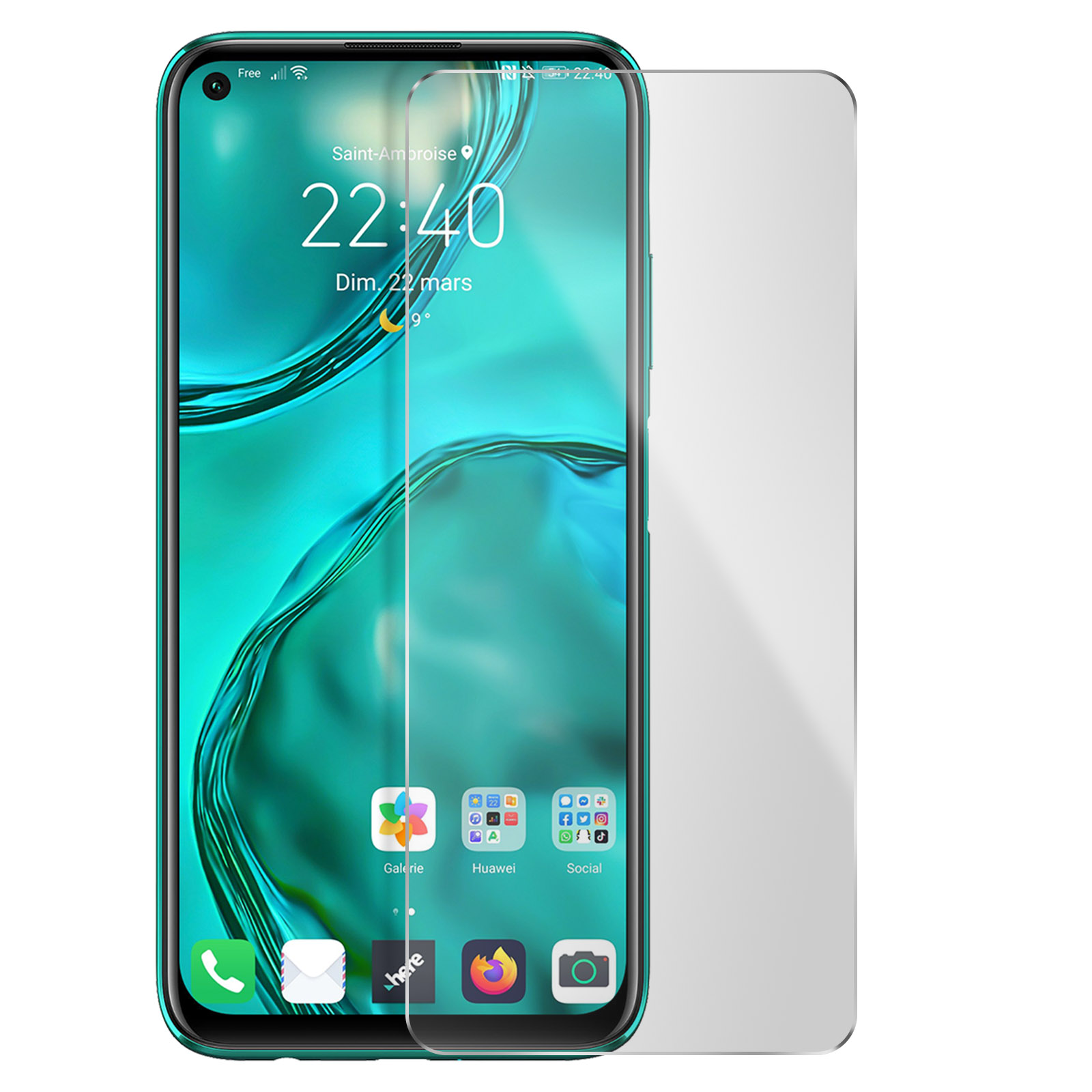 Telefono verde con protezione schermo applicata, che mostra l'interfaccia.