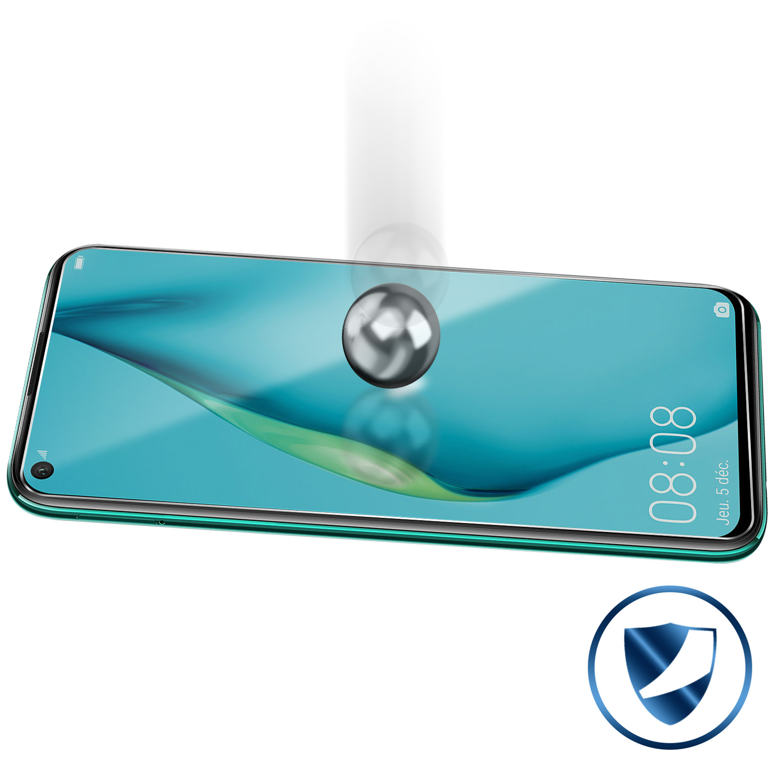 Telefono con protezione schermo. Sfera d'argento che cade. Segno di protezione. Telefono verde.