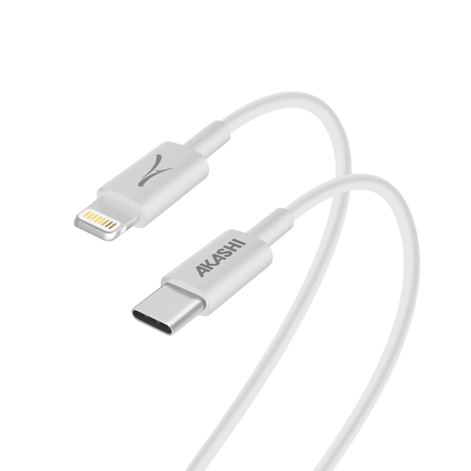 Cavo di ricarica Akashi bianco con connettori Lightning e USB-C su sfondo bianco. Il cavo è piegato.
