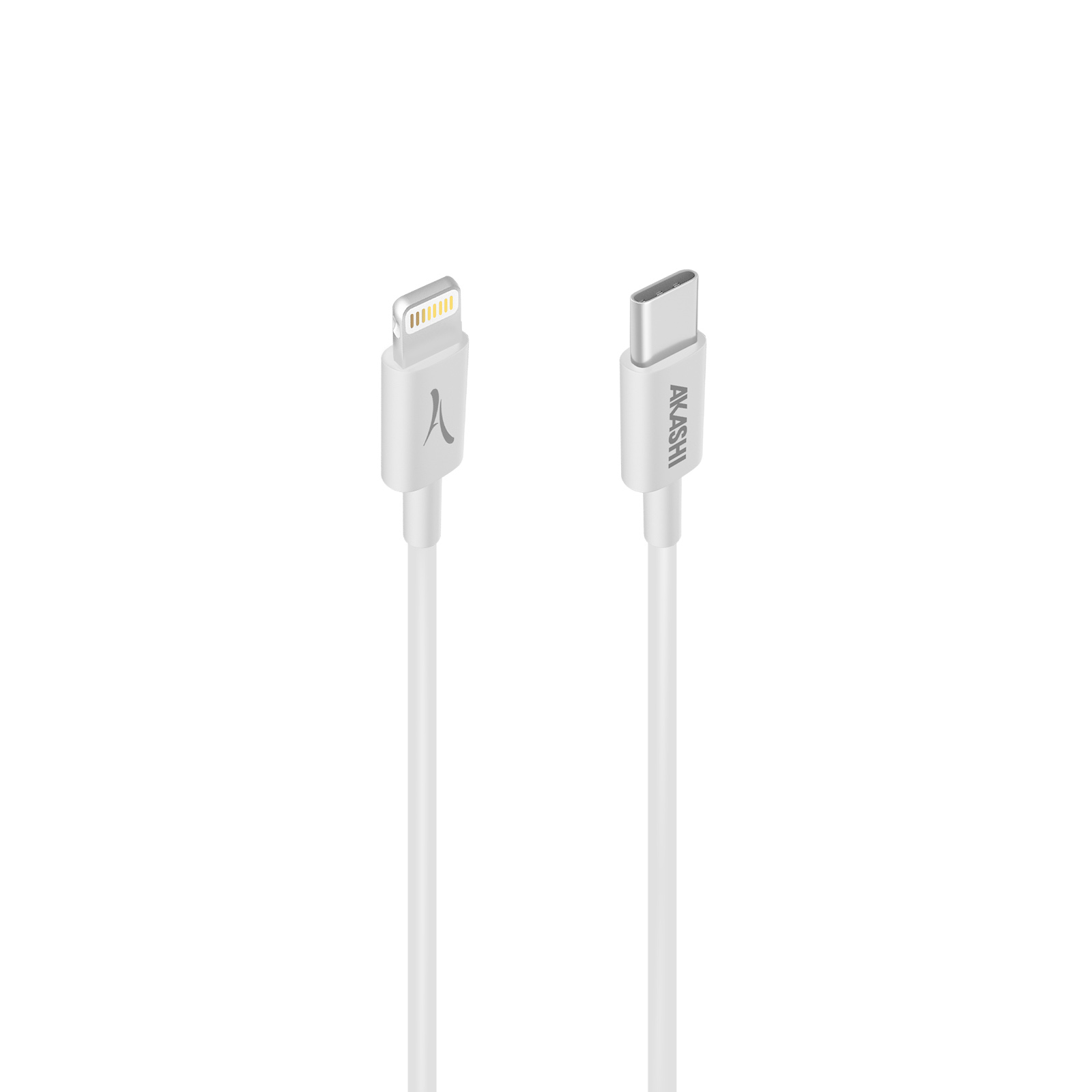 Due cavi di ricarica bianchi. Uno con connettore Lightning e l'altro con connettore USB-C, entrambi su sfondo bianco.