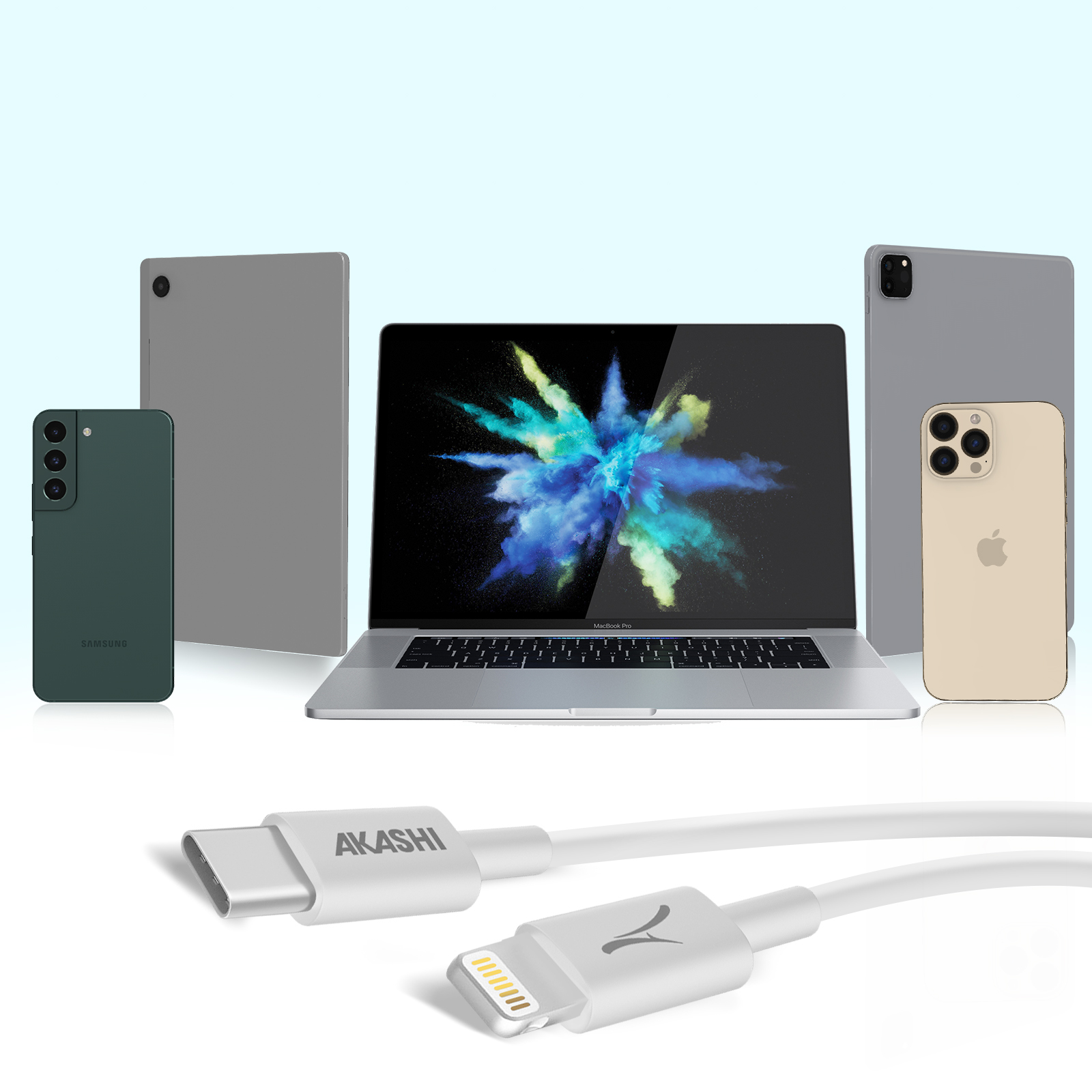 Un laptop, un telefono, un tablet e un cavo di ricarica. Lo schermo del laptop mostra un'esplosione colorata.