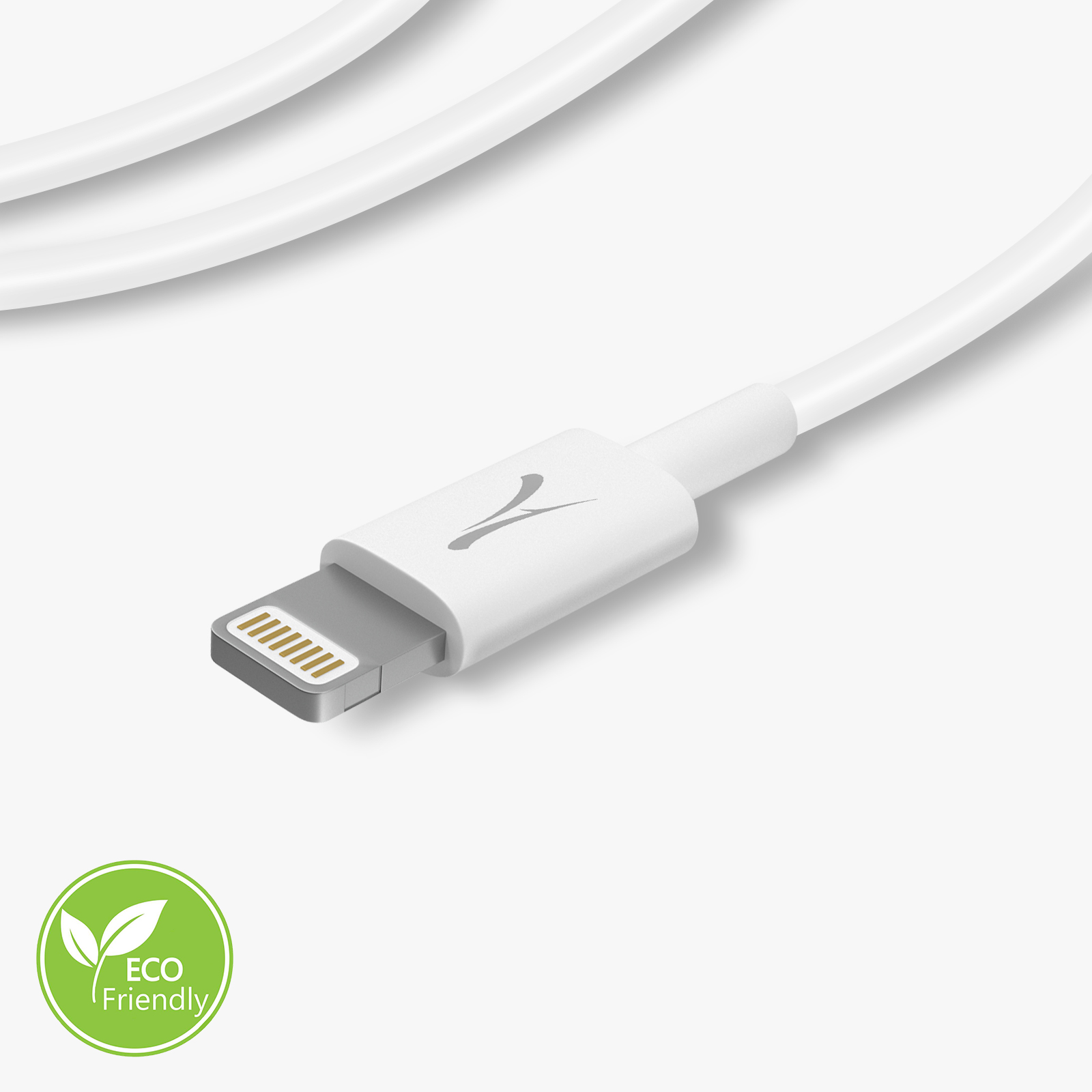 Un cavo Lightning bianco. Il connettore ha una base argentata e pin dorati. Logo ecologico nell'angolo.