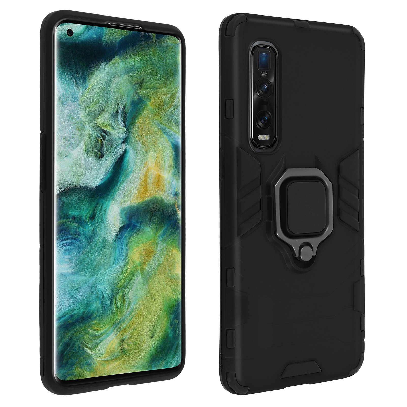 Zwarte telefoon met hoesje. De telefoon toont het scherm en de hoes heeft een ring.