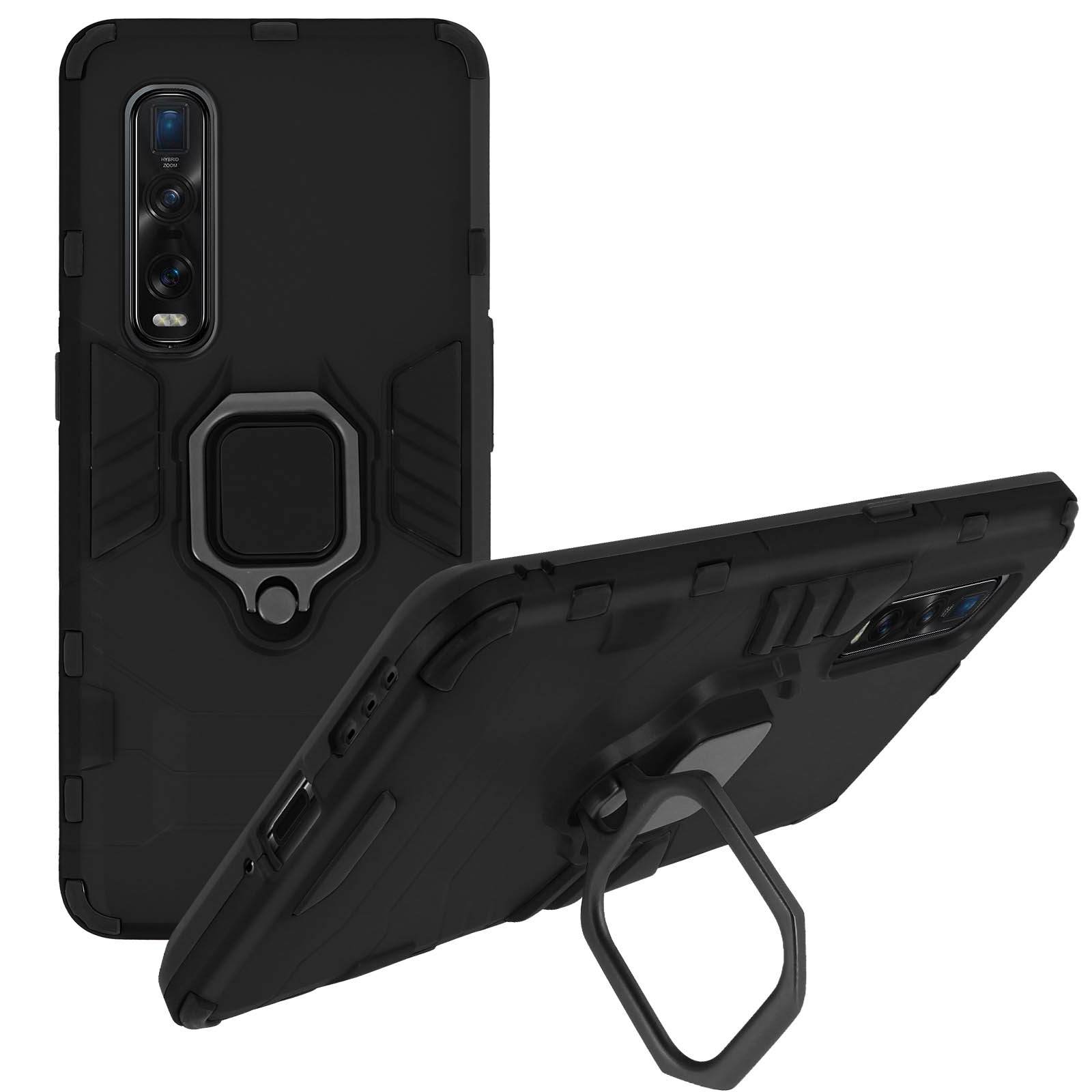 Zwarte telefoonhoes met ringhouder. Twee hoesjes worden in verschillende hoeken getoond.