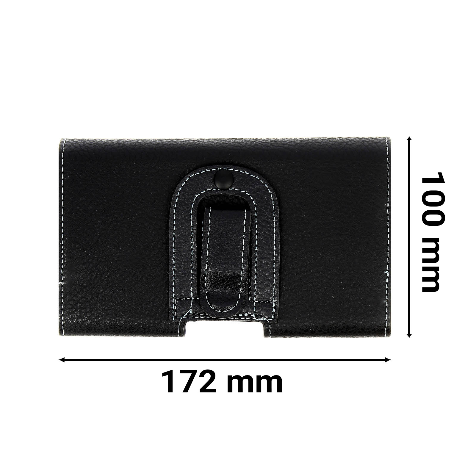 Schwarze Leder-Handyhülle mit Maßen an der Seite. 172 mm x 100 mm. Weißer Hintergrund.