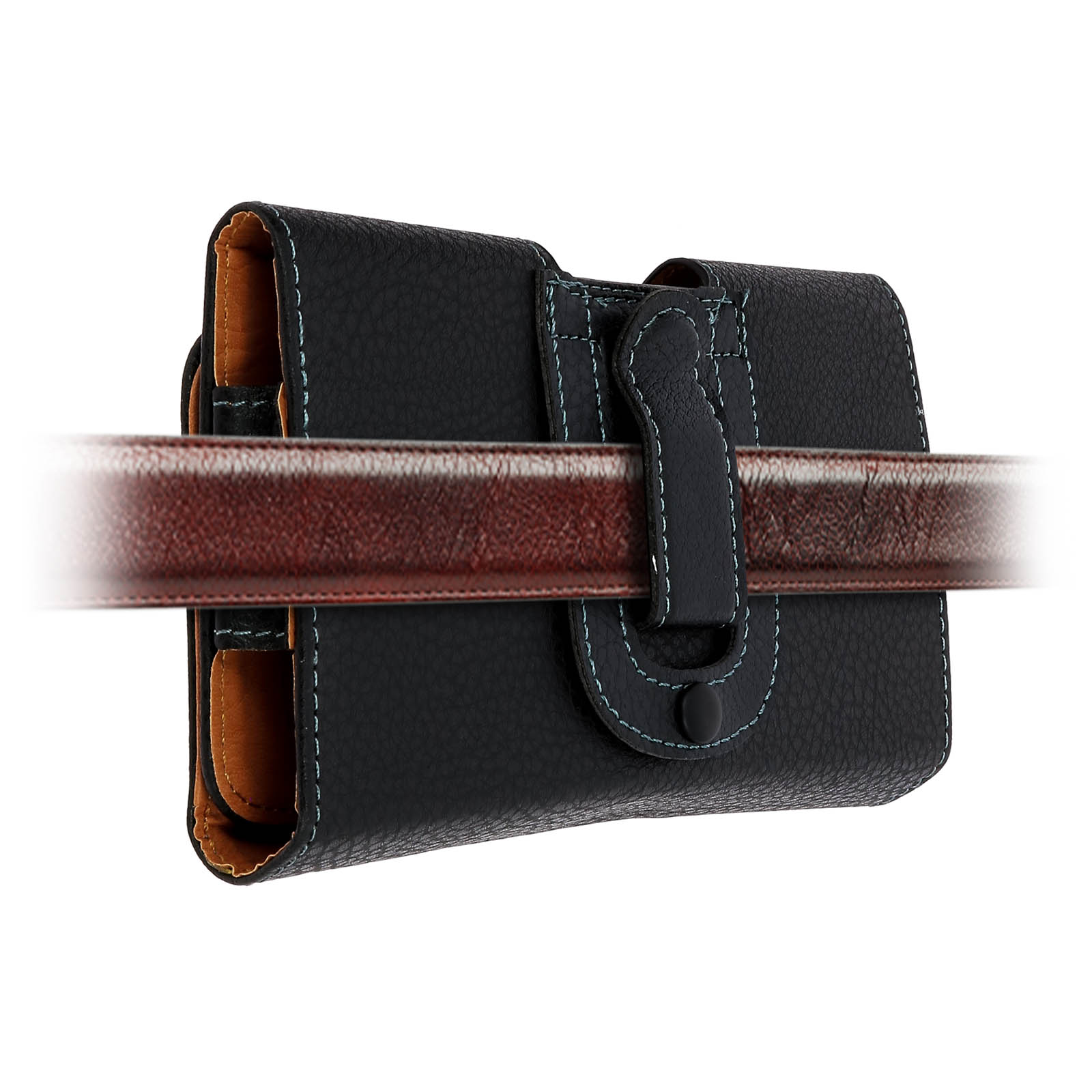 Schwarze Handyhülle mit Gürtelclip, an einem braunen Gürtel befestigt.