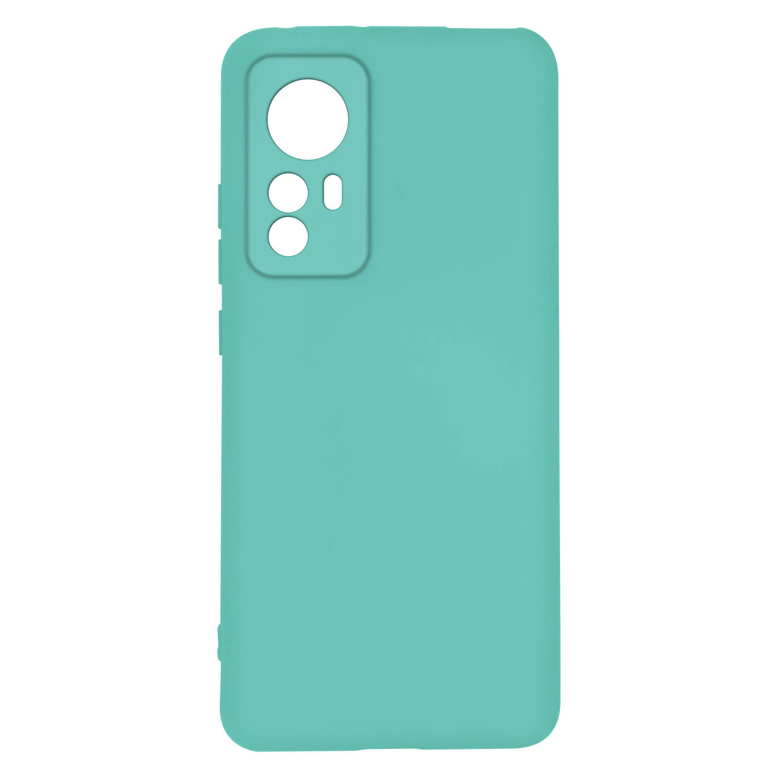 Una custodia per telefono verde acqua. Ha ritagli per fotocamera e pulsanti. La superficie è liscia.