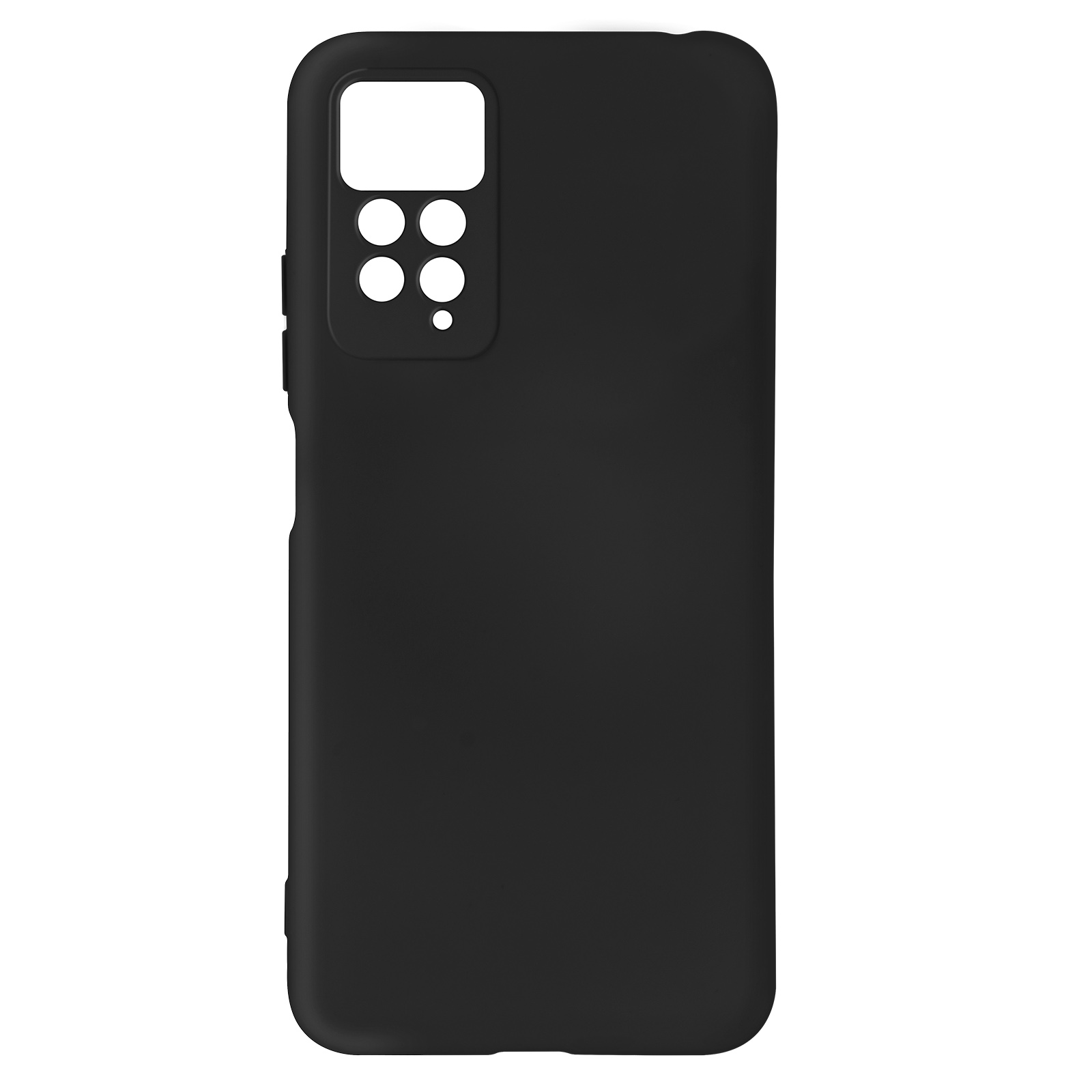 Zwarte telefoonhoes met camera-uitsparingen en een eenvoudig ontwerp, op een wit oppervlak.