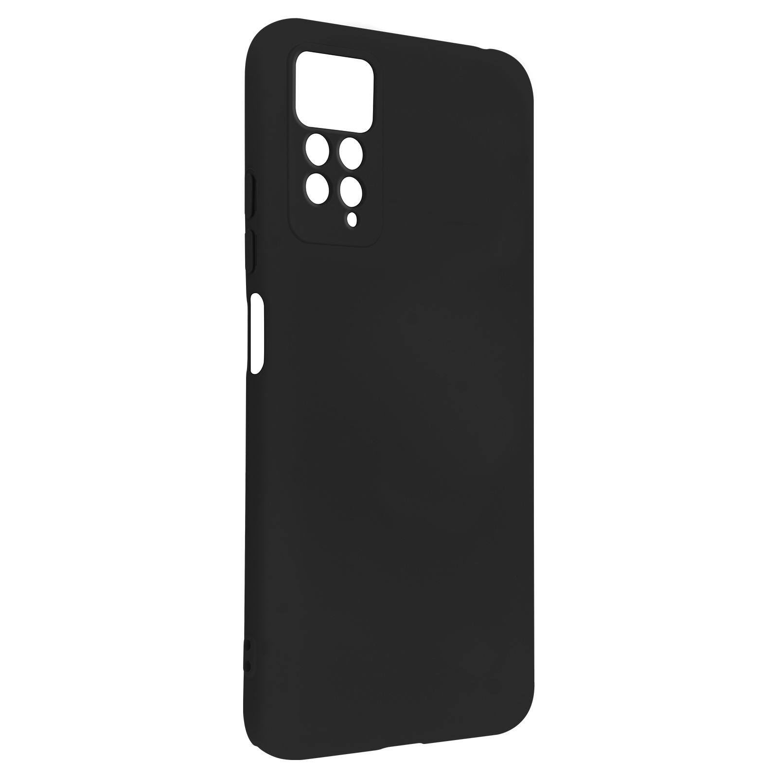Coque de téléphone noire avec découpes pour appareil photo et boutons, fond blanc.