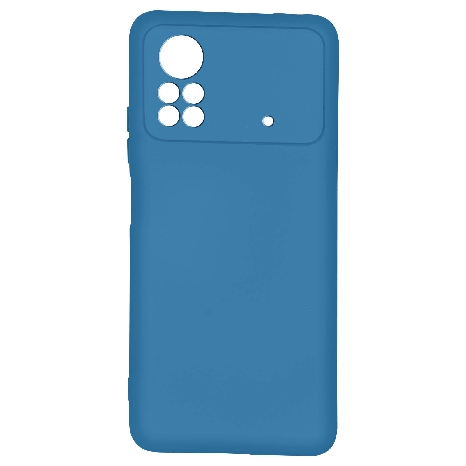 Custodia per telefono blu con ritagli per la fotocamera. La custodia ha una consistenza liscia.