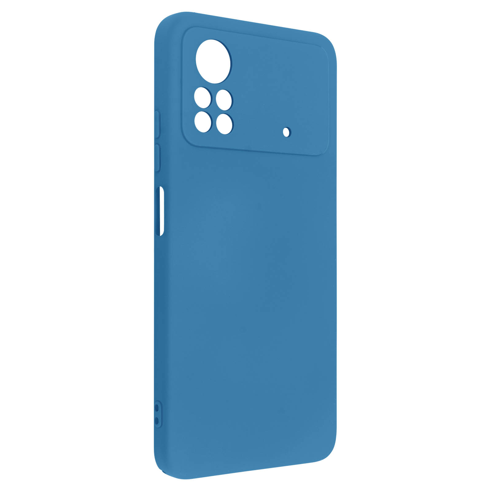 Custodia blu per telefono con ritagli per fotocamera. Ha un colore liscio, uniforme e bordi arrotondati.