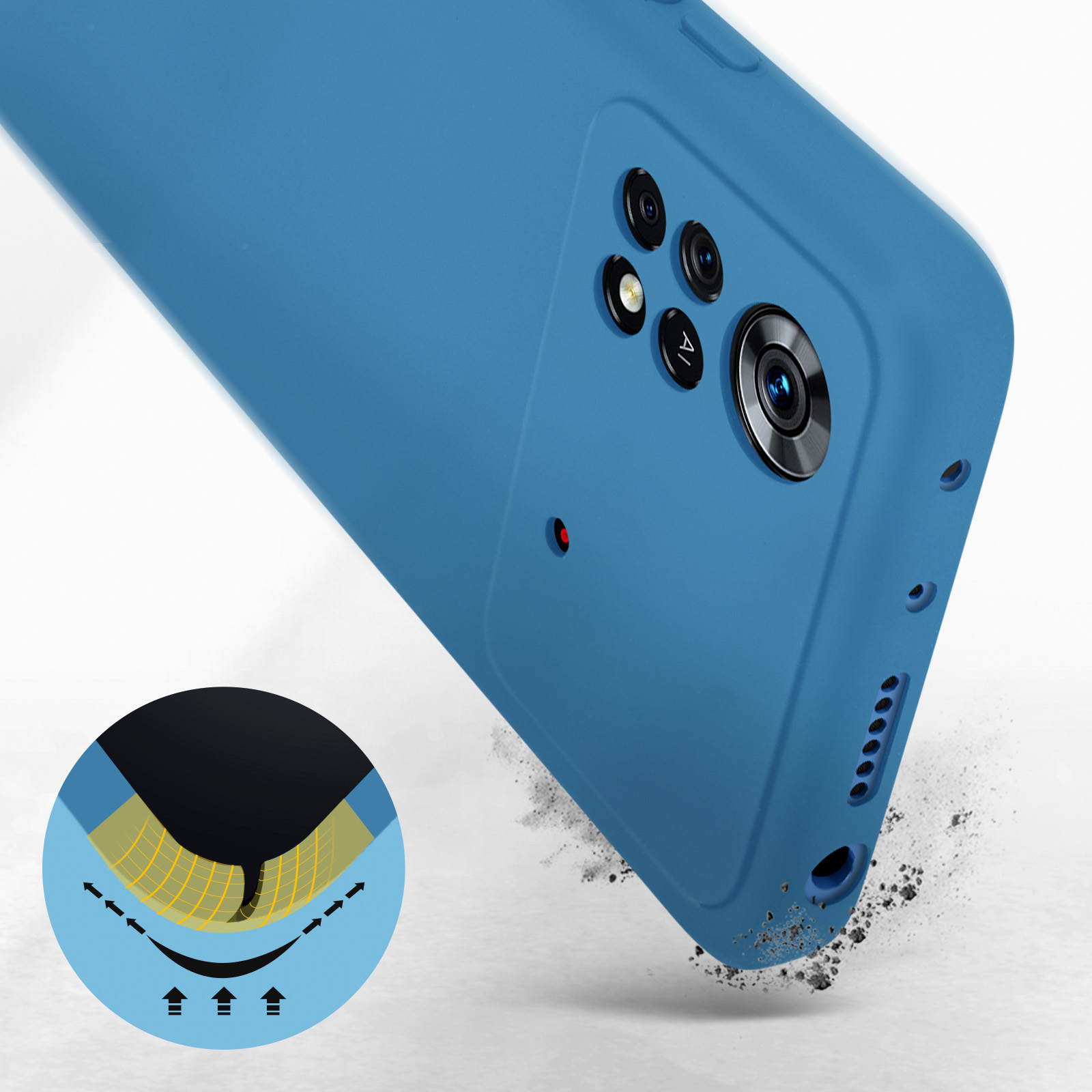 Custodia blu per telefono, vista angolata, primo piano della fotocamera e dettagli di protezione, che mostra la protezione dagli urti.