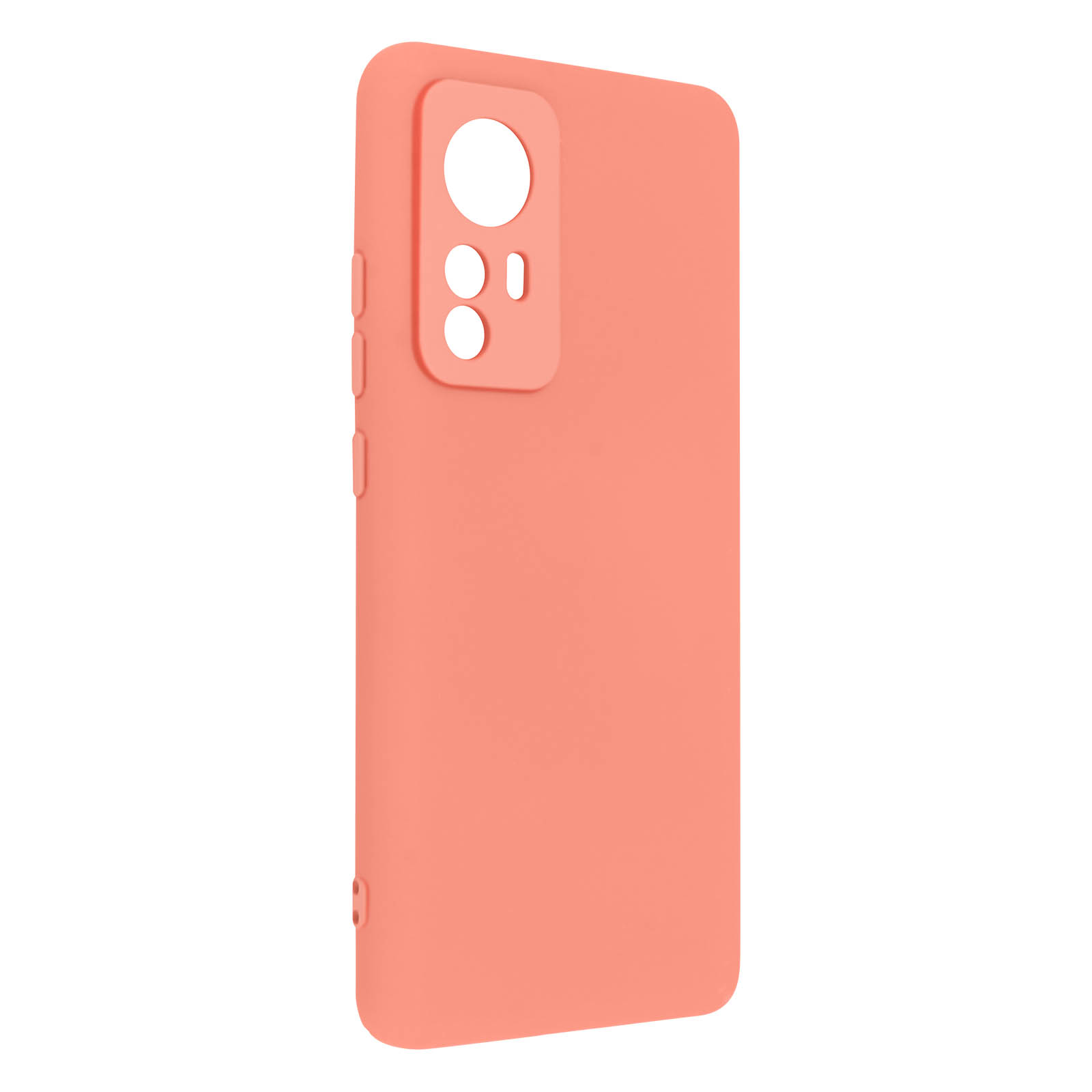 Una custodia per telefono è color corallo. Ha ritagli per la fotocamera e i pulsanti.
