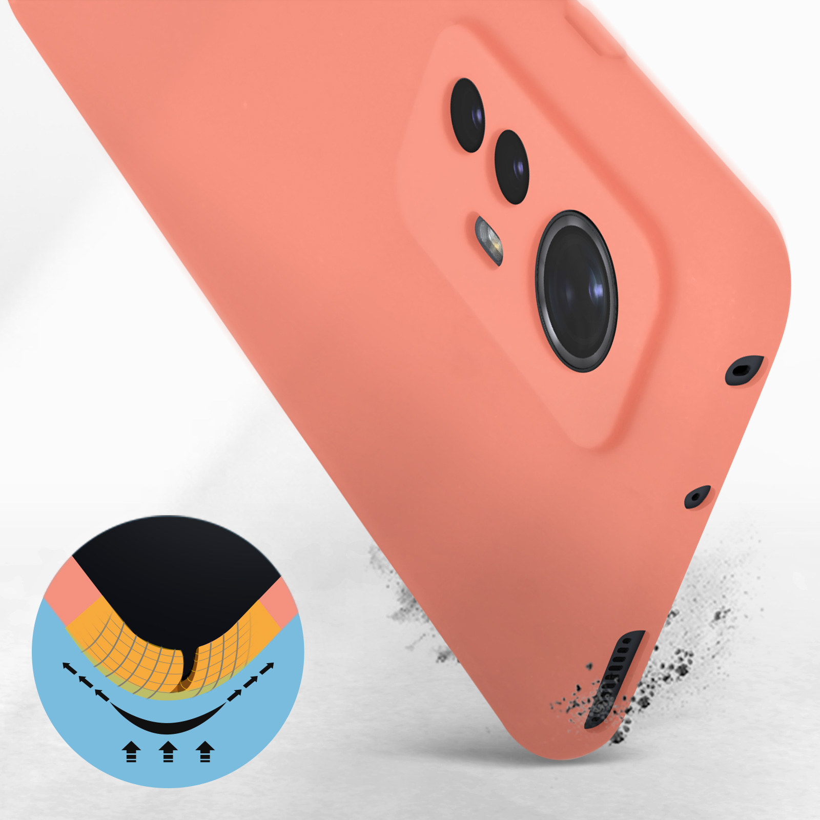 Primo piano della custodia del telefono color pesca con un diagramma visivo che illustra le funzioni di protezione.