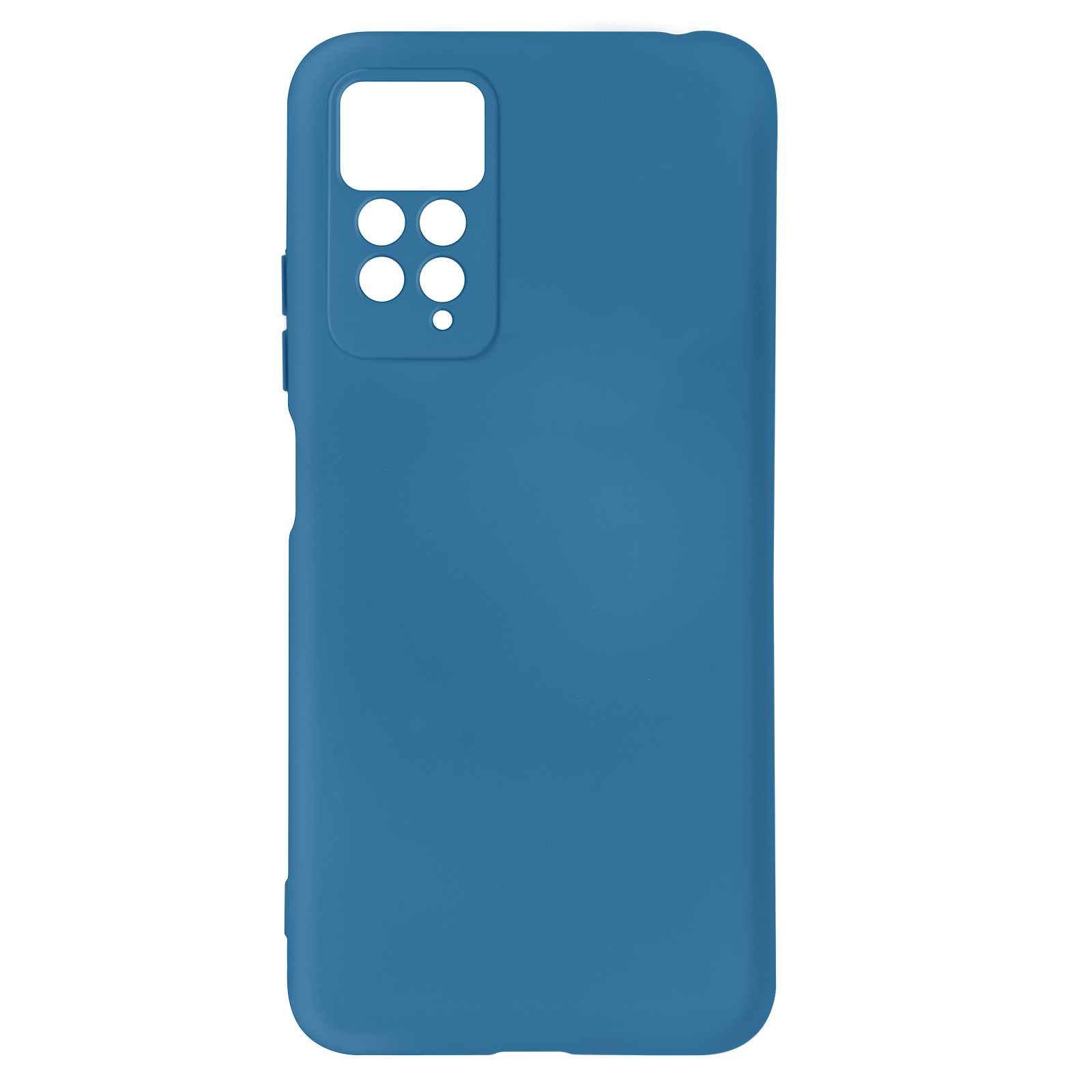 De achterkant van een telefoon met een blauwe hoes. De hoes heeft een uniek cameradesign.