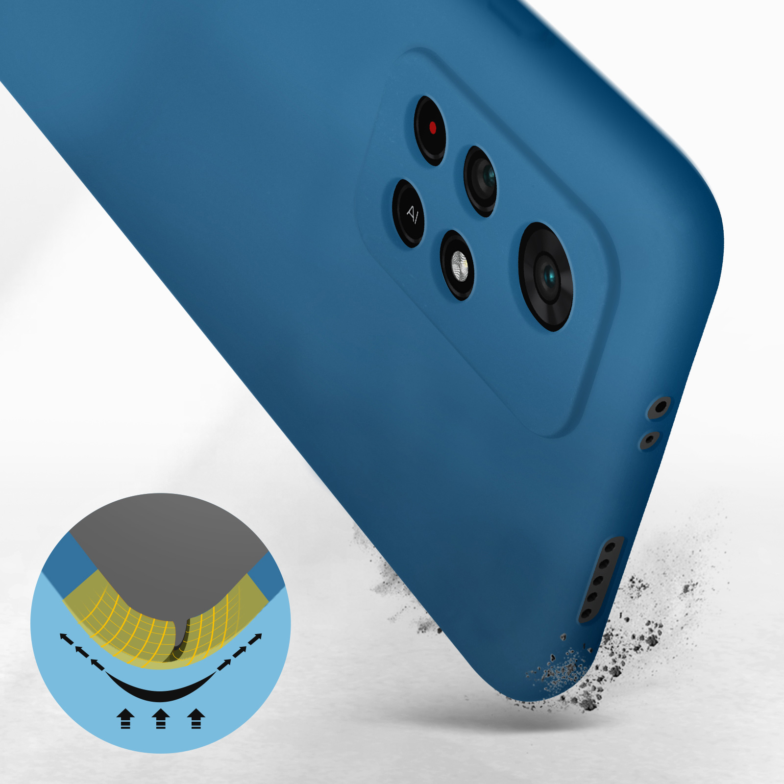 Blauwe telefoonhoes met telefoon. Een explosie-effect op de achtergrond. Witte achtergrond