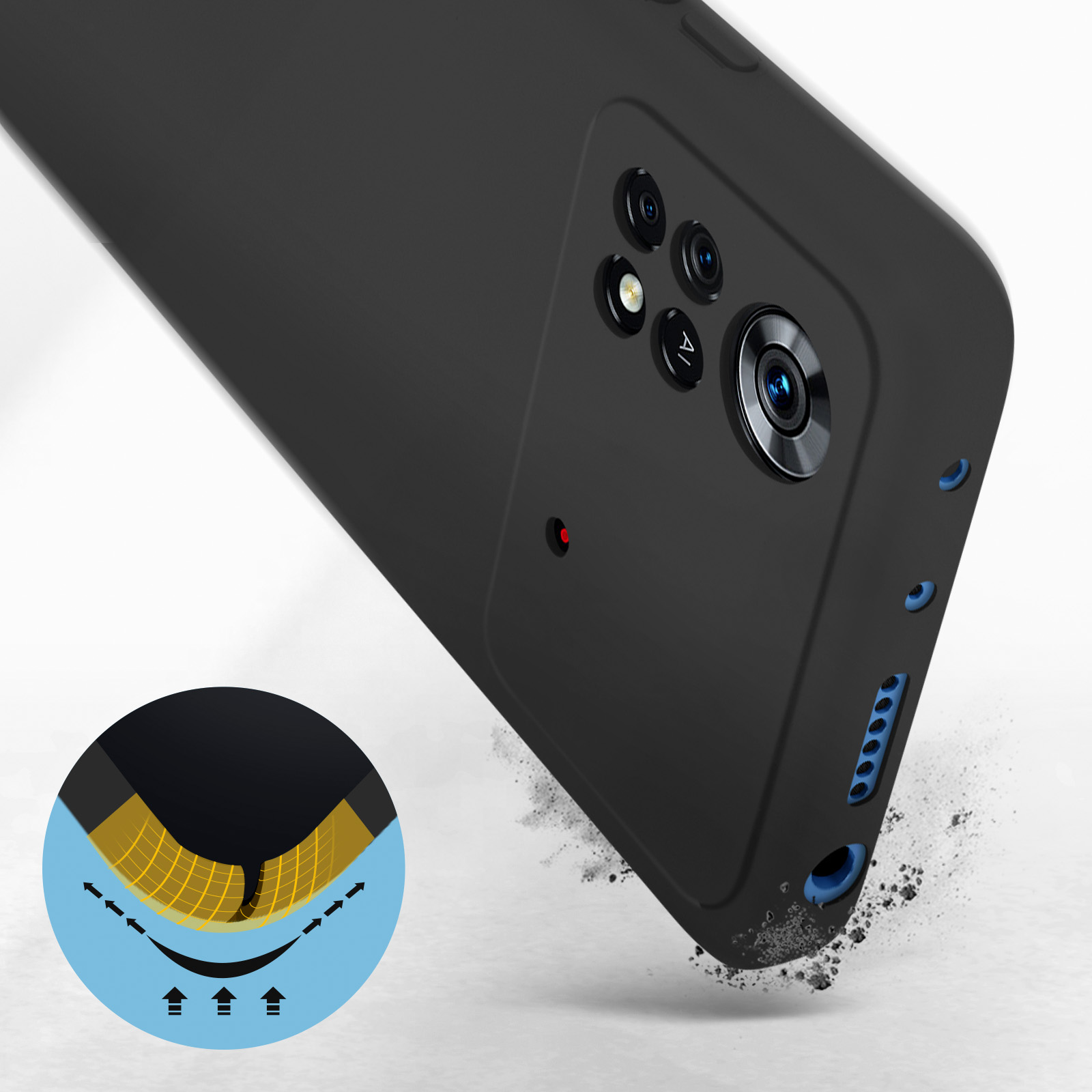 Custodia per telefono nera. Primo piano della fotocamera e dei pulsanti laterali. Mostra le caratteristiche di resistenza agli urti.