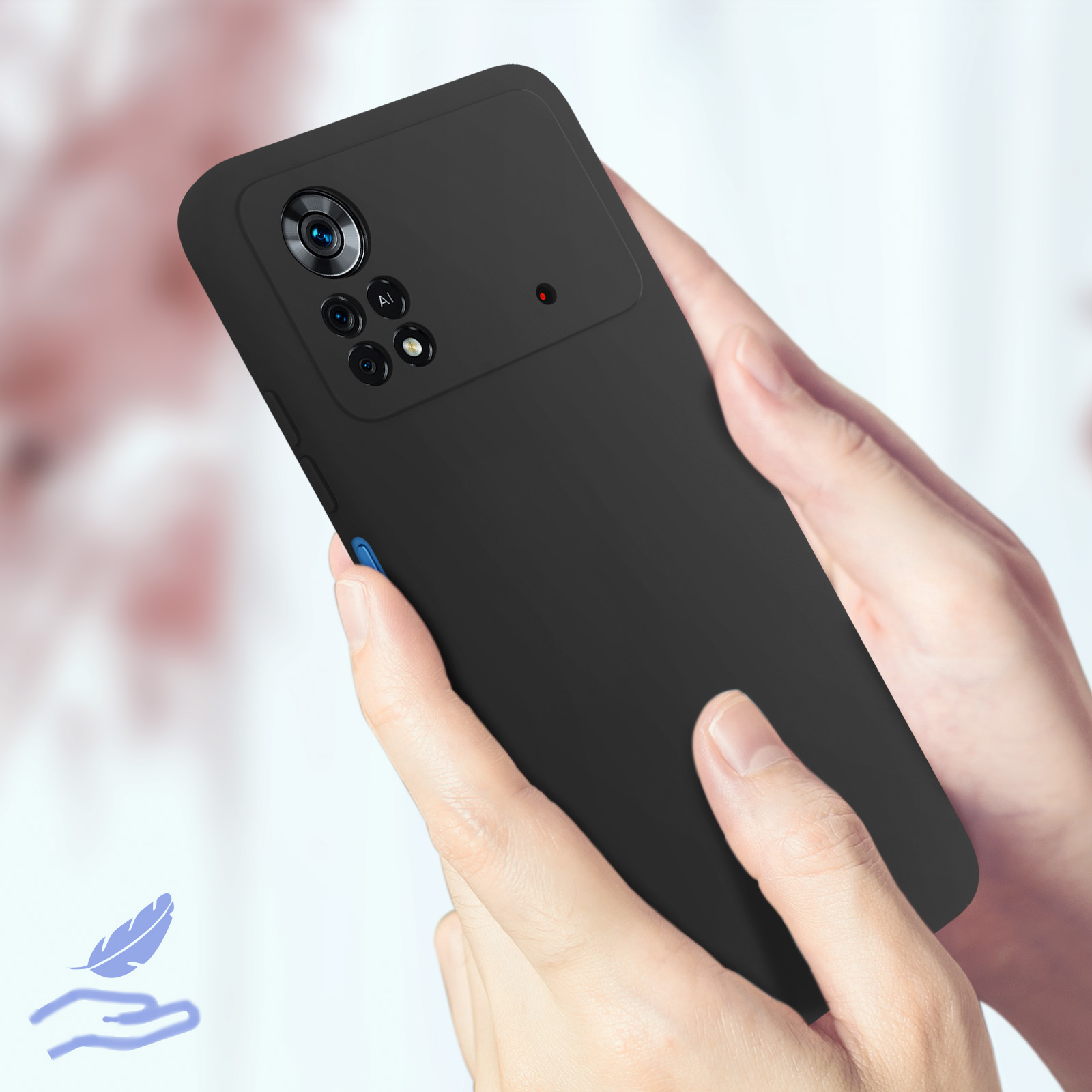 Telefono nero in mano, il telefono ha una custodia nera. C'è anche un'icona a forma di piuma a sinistra.