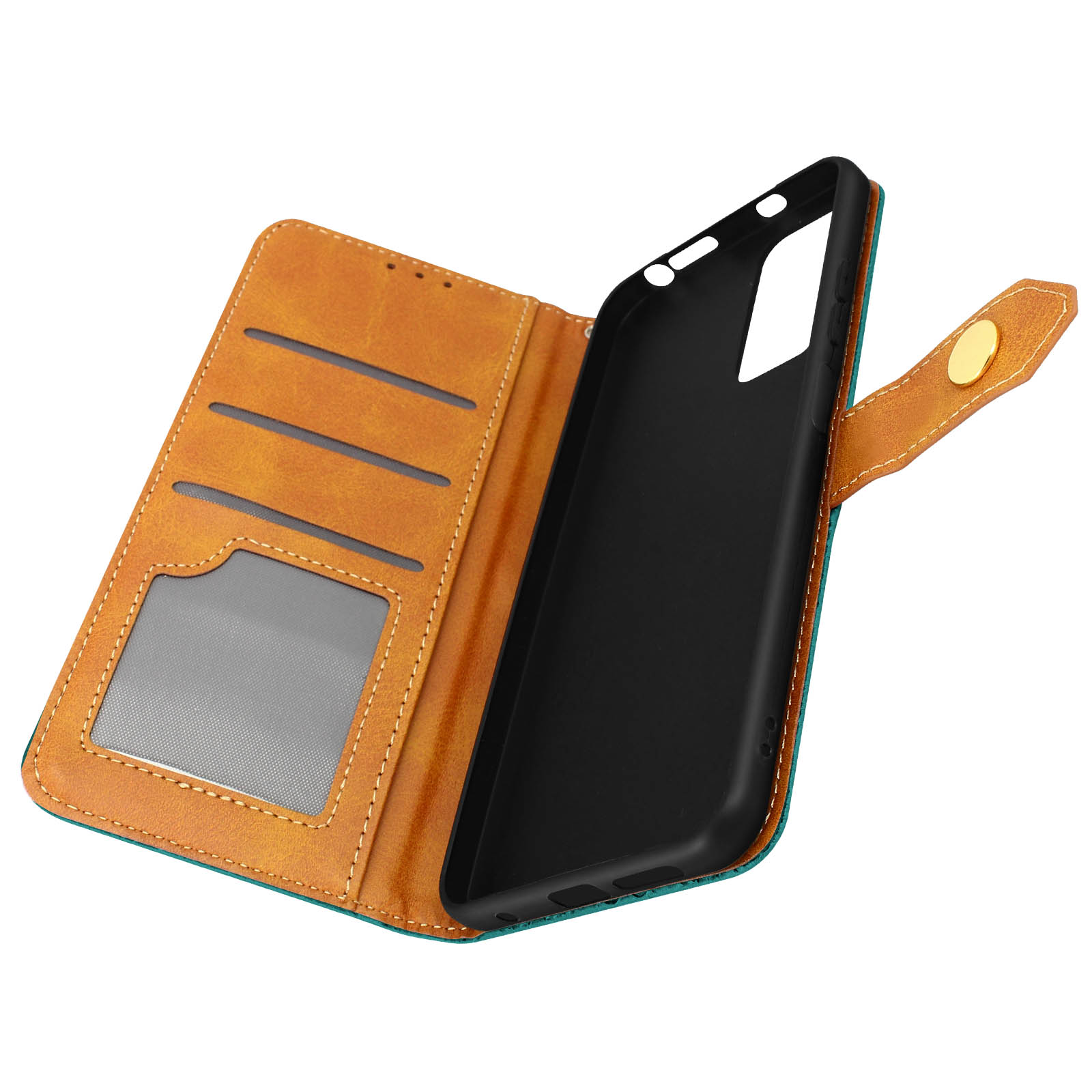 Coque de téléphone, ouverte, montrant le téléphone et l'intérieur. Avec des emplacements pour cartes.