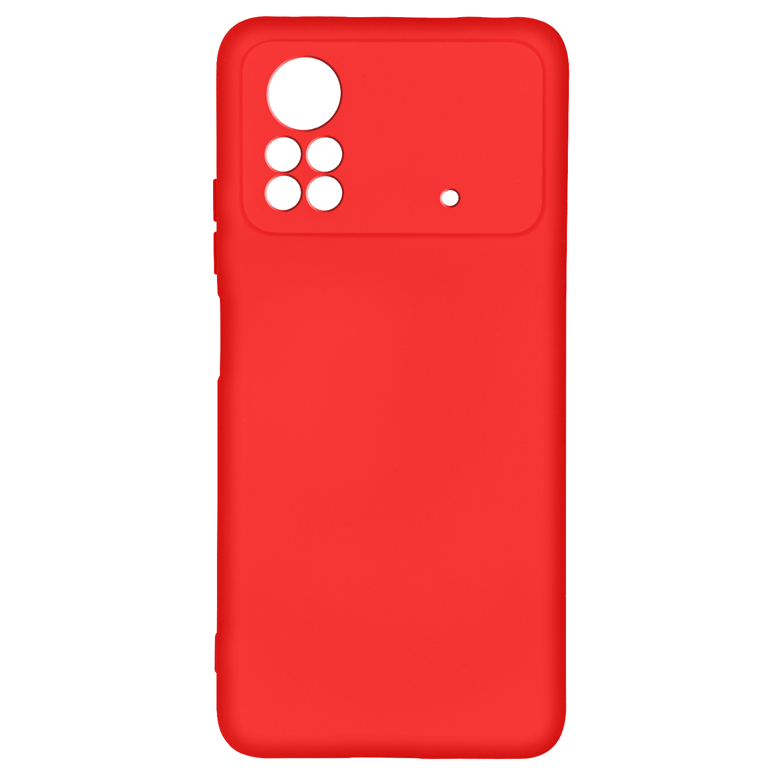 Custodia per telefono rossa. Ha aperture per fotocamera, flash e pulsanti. È liscia e solida.