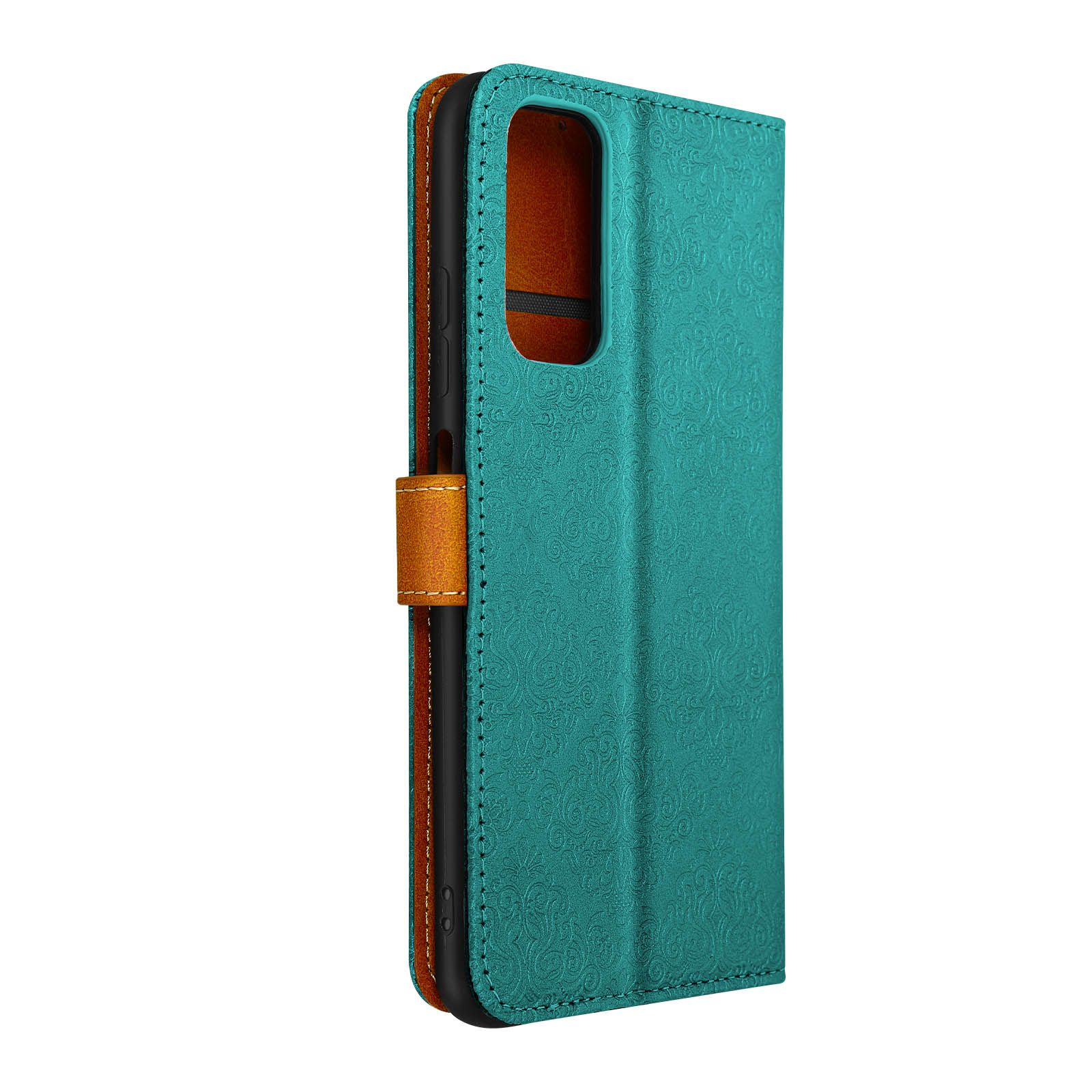 Coque de téléphone turquoise ouverte, montrant le téléphone.