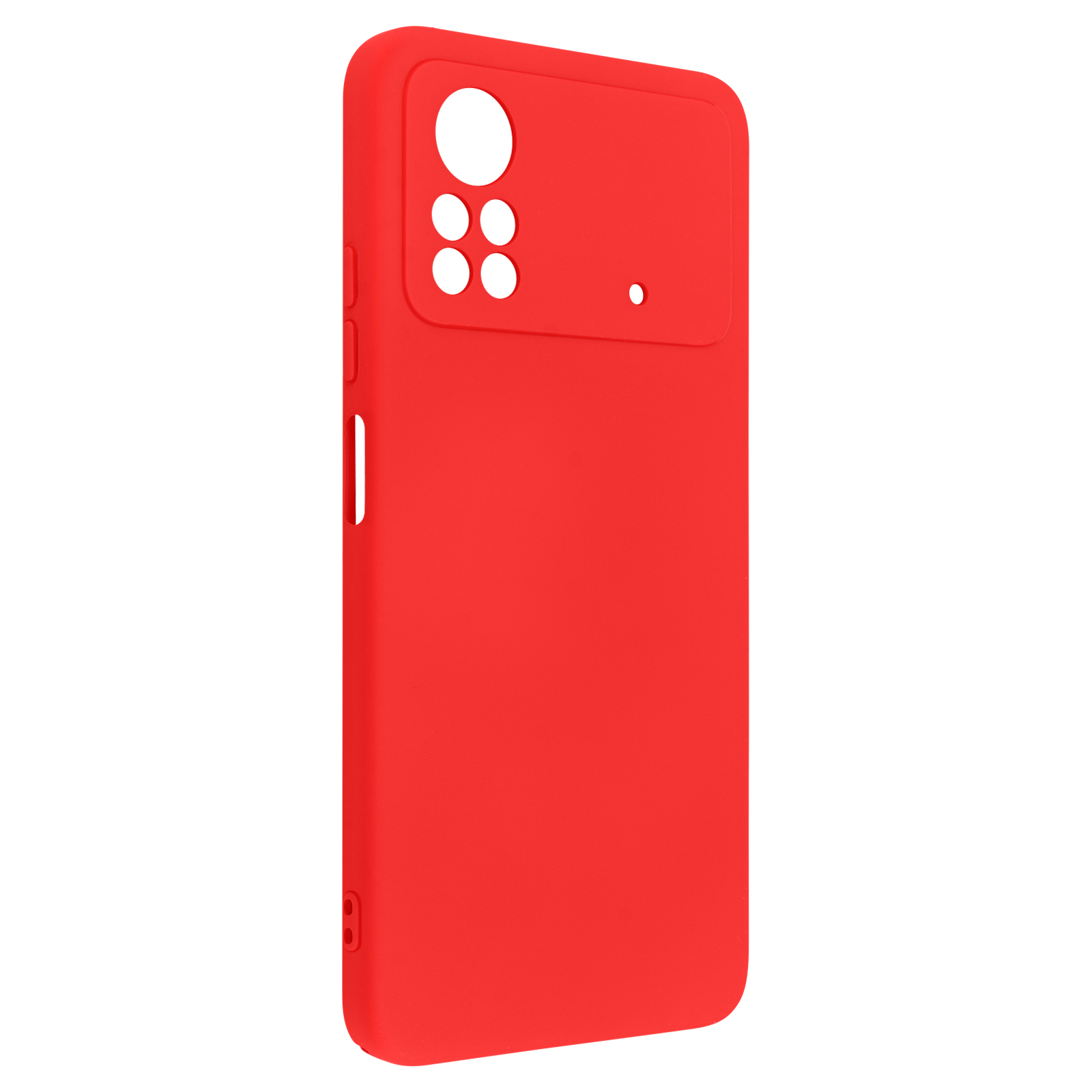 Custodia per telefono rossa con ritagli per la fotocamera. La custodia è a tinta unita. Sfondo bianco.