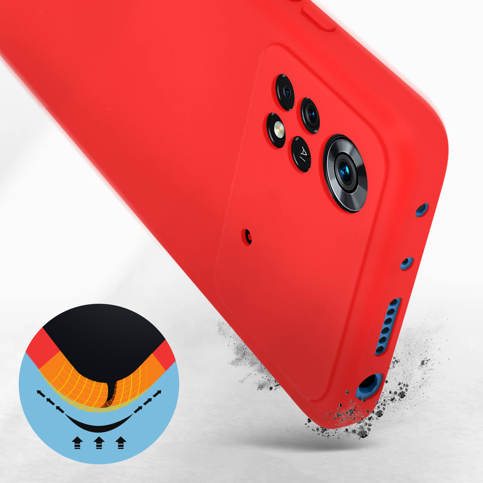 Custodia rossa, ritagli per fotocamera. Diagramma di protezione dagli impatti. Polvere e detriti cadono intorno alla custodia.