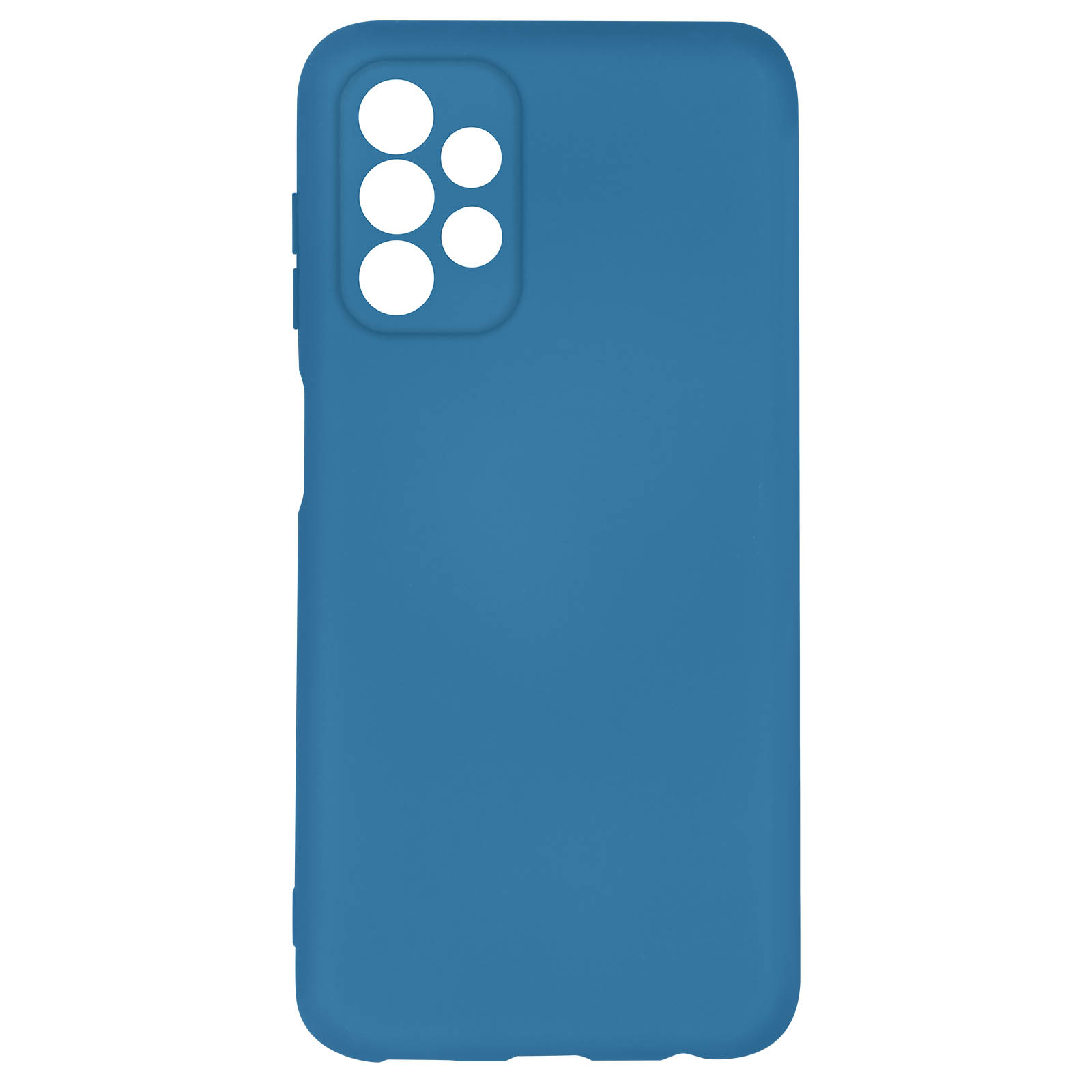 Blauwe telefoonhoes met camera-openingen en knoppen aan de zijkant.
