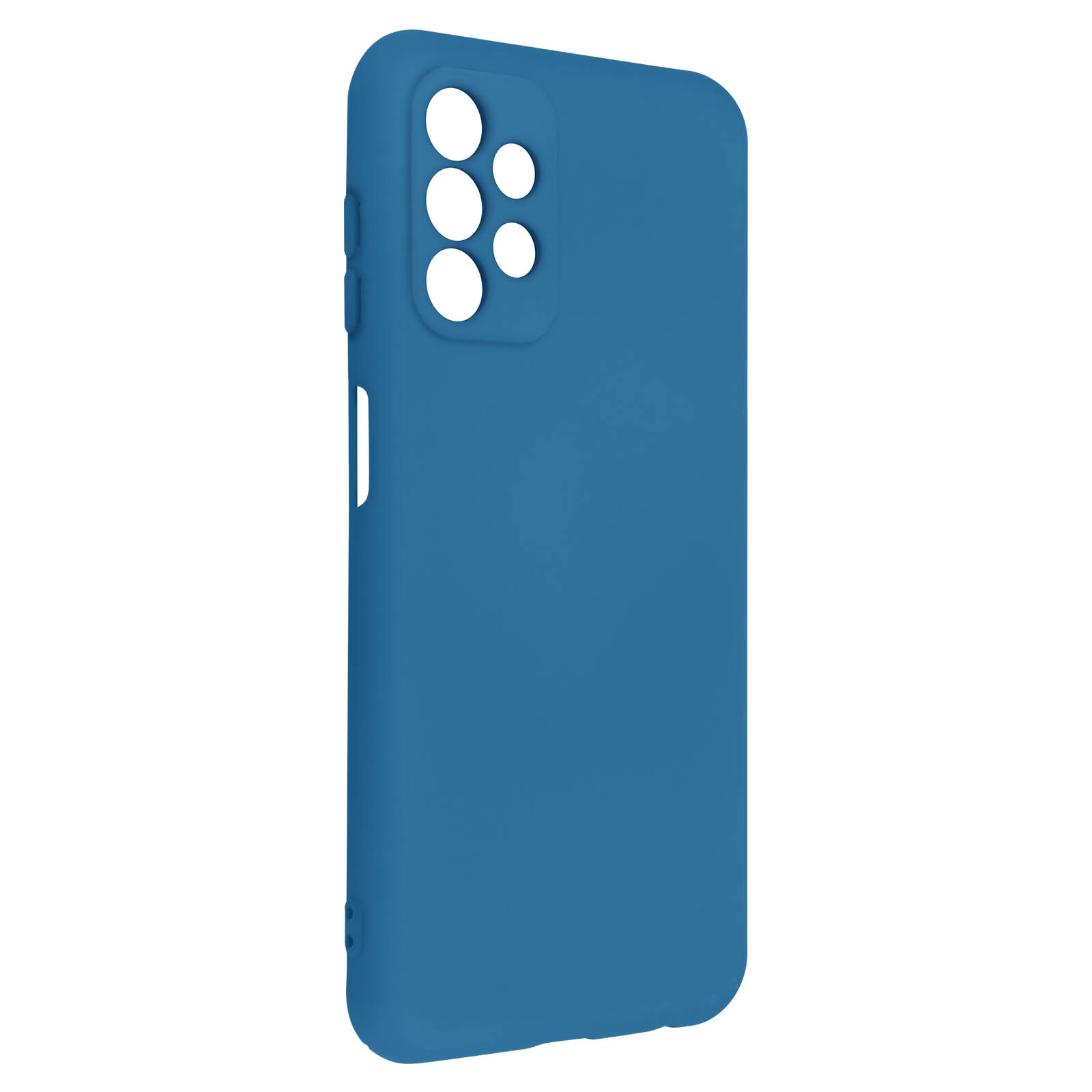 Een blauwe telefoonhoes met uitsparingen voor de camera.