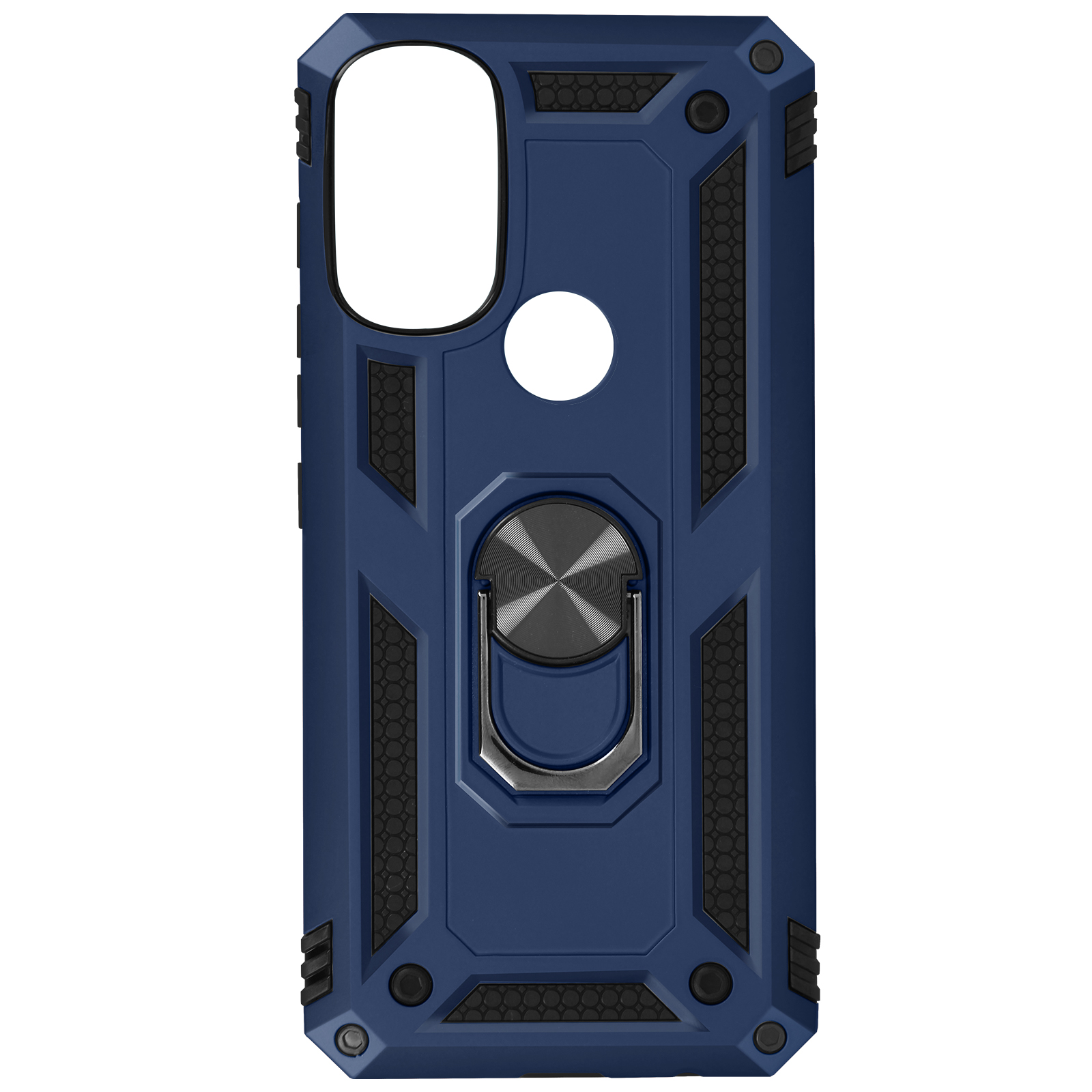 Custodia blu per telefono con anello. Ha dettagli neri e un foro per la fotocamera.