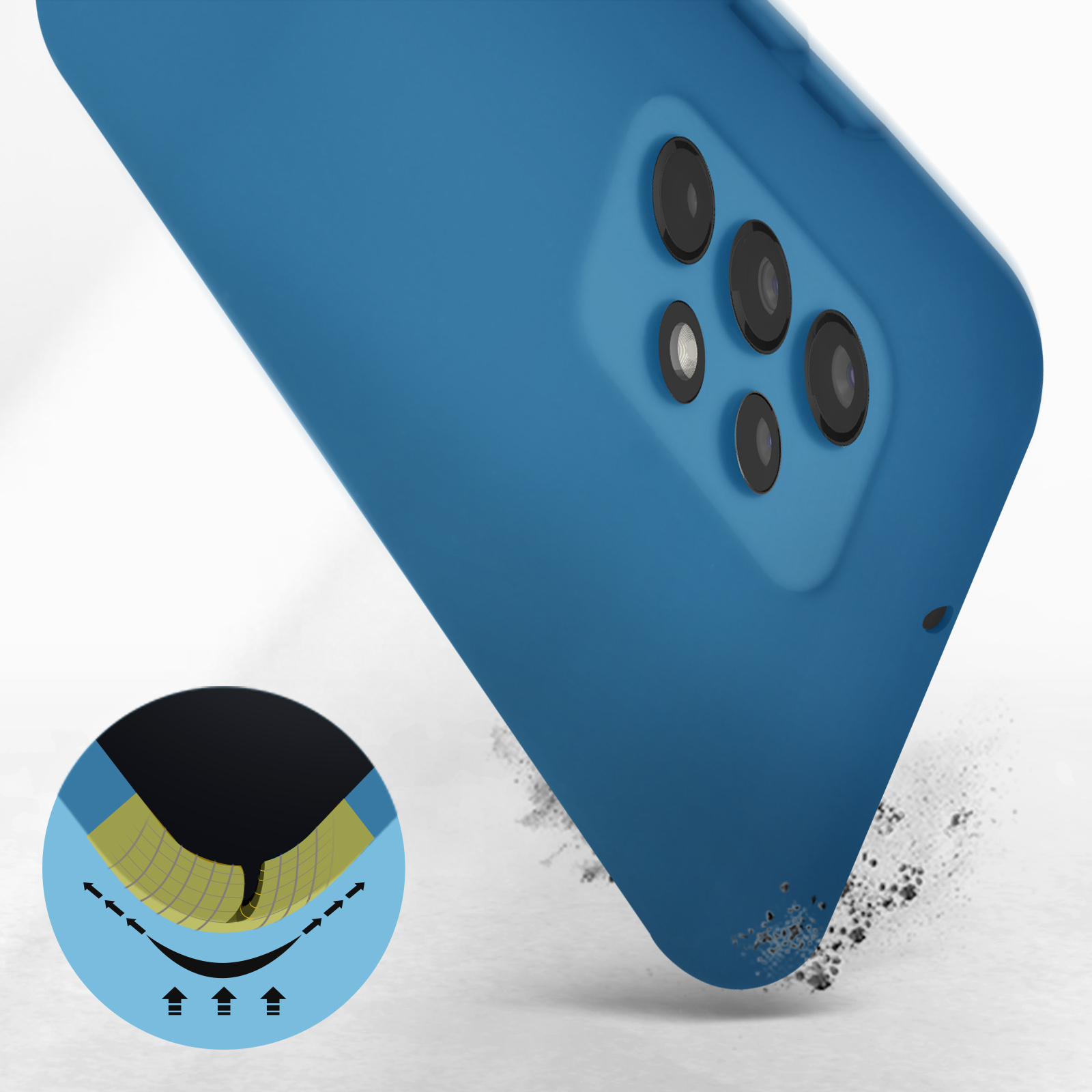 Blauwe telefoonhoes met camera-uitsparingen. Een afbeelding toont lagen en impactabsorptie. Klein puin rond.