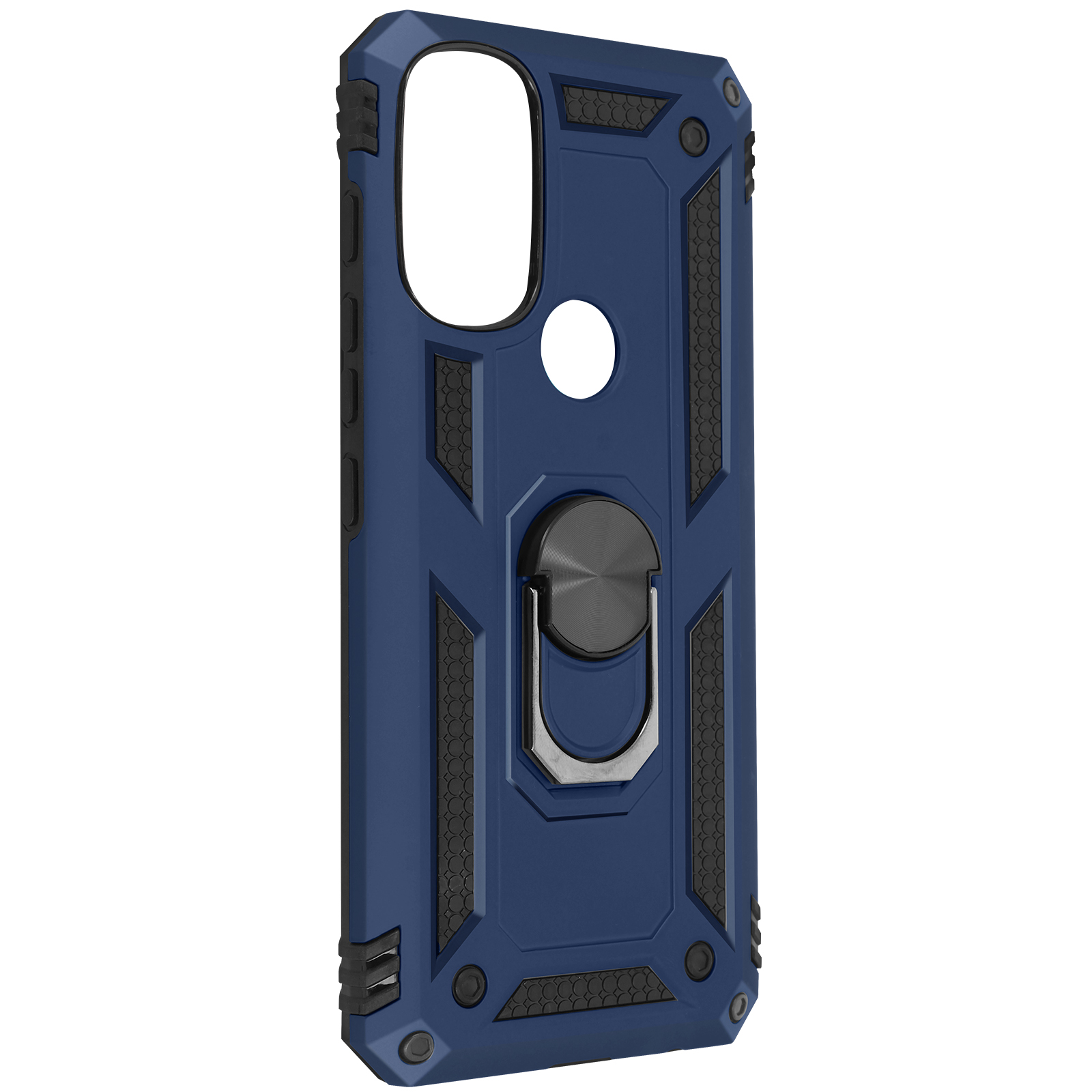 Custodia per telefono blu con dettagli neri e supporto ad anello argentato, su sfondo bianco.