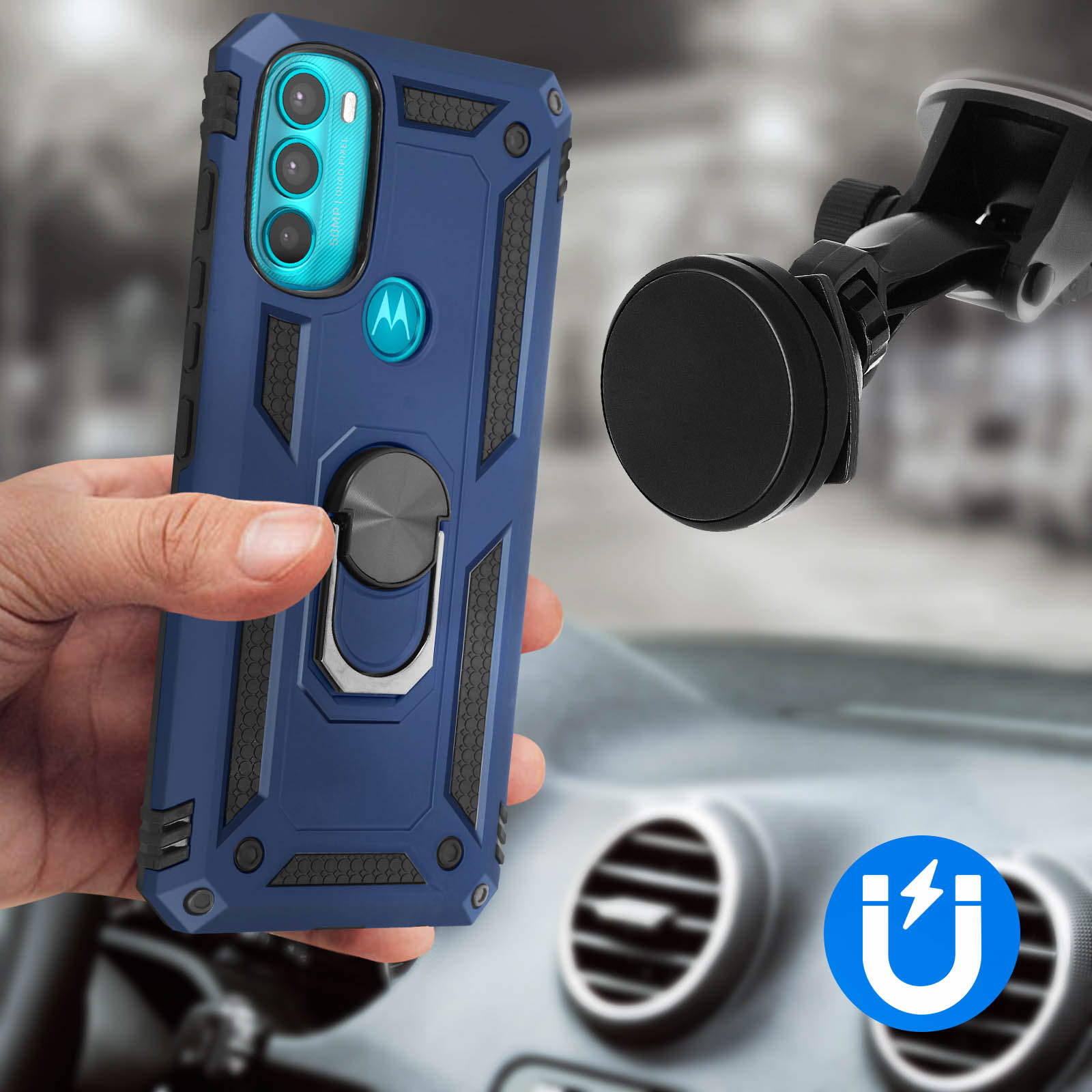 Custodia per telefono blu con supporto ad anello. Custodia tenuta in mano, montata sul cruscotto dell'auto.