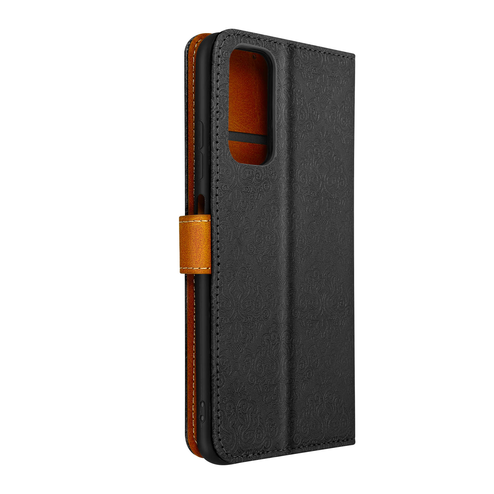Coque de téléphone noire, ouverte. L'intérieur est marron. La coque est décorée.