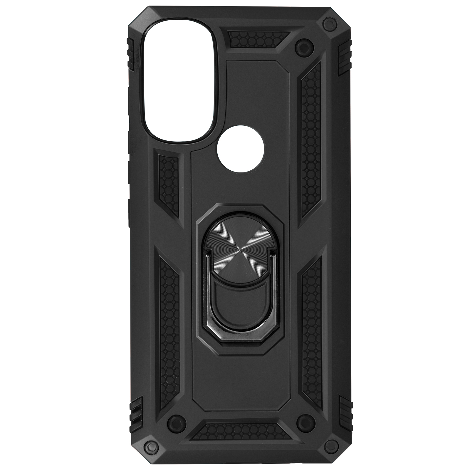 Custodia nera per telefono con supporto ad anello. La custodia è strutturata e ha un design robusto.
