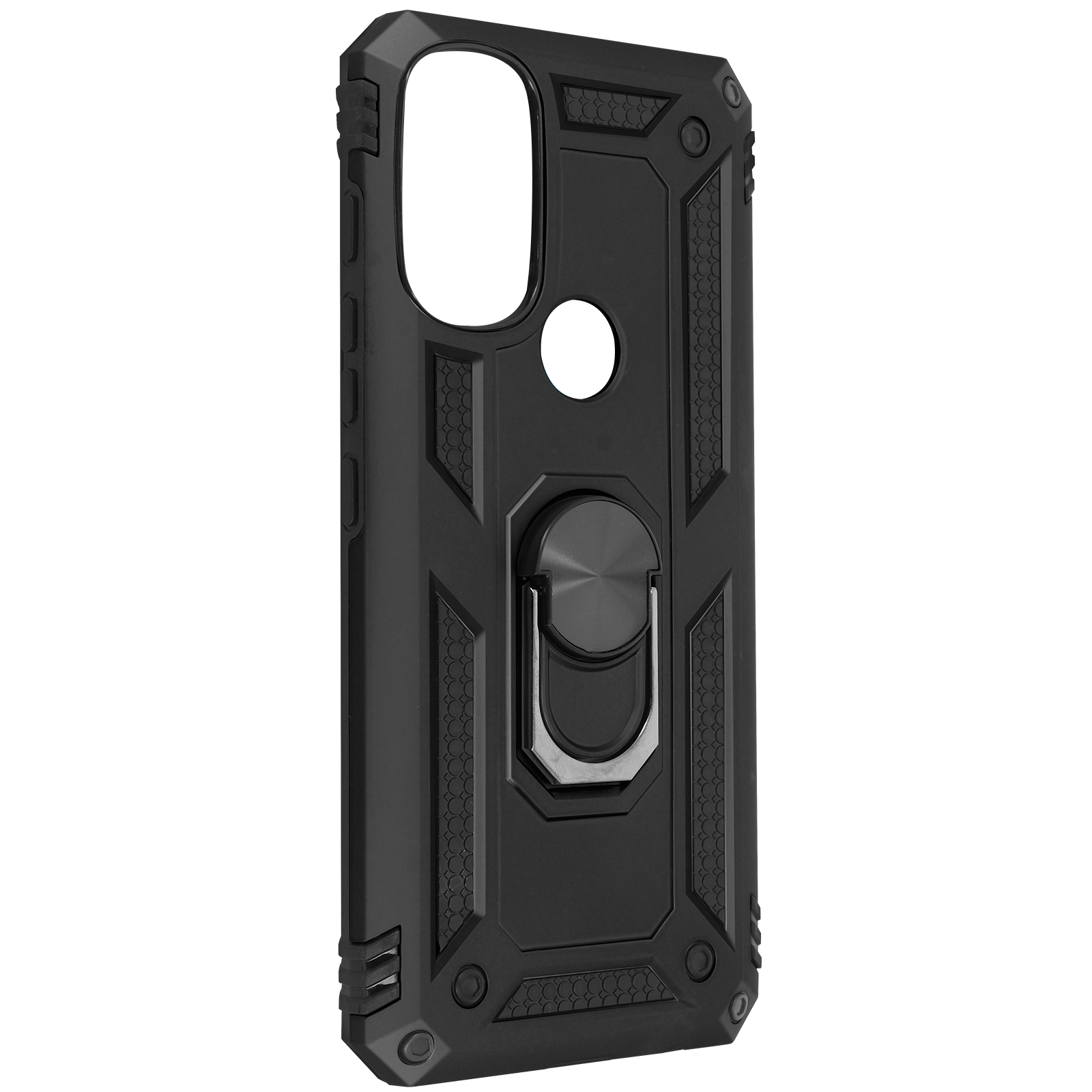 Custodia per telefono nera con supporto ad anello. Il design è geometrico e robusto.